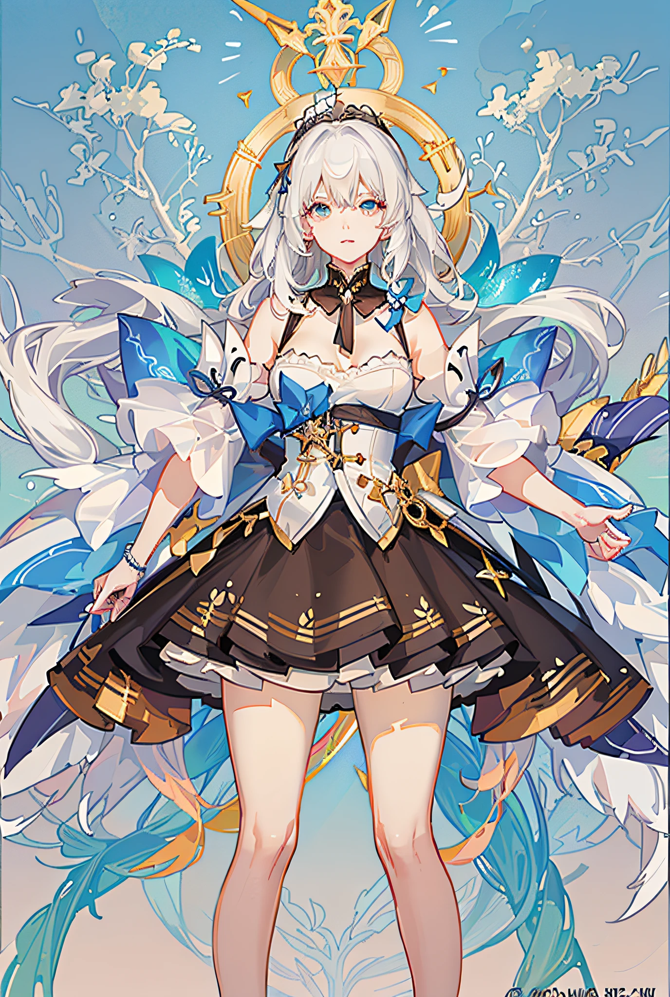 Anime - Stylistic image of a woman in a golden crown dress, white-haired god, Keqing from Genshin Impact, trending on artstation pixiv, Anime goddess, Digital art on Pixiv,  zerochan art, Kushatt Krenz Key Art Women, pixiv contest winner, Guweiz in Pixiv ArtStation，، simple，The hook line is delicate，The chest is huge，Maid suspenders