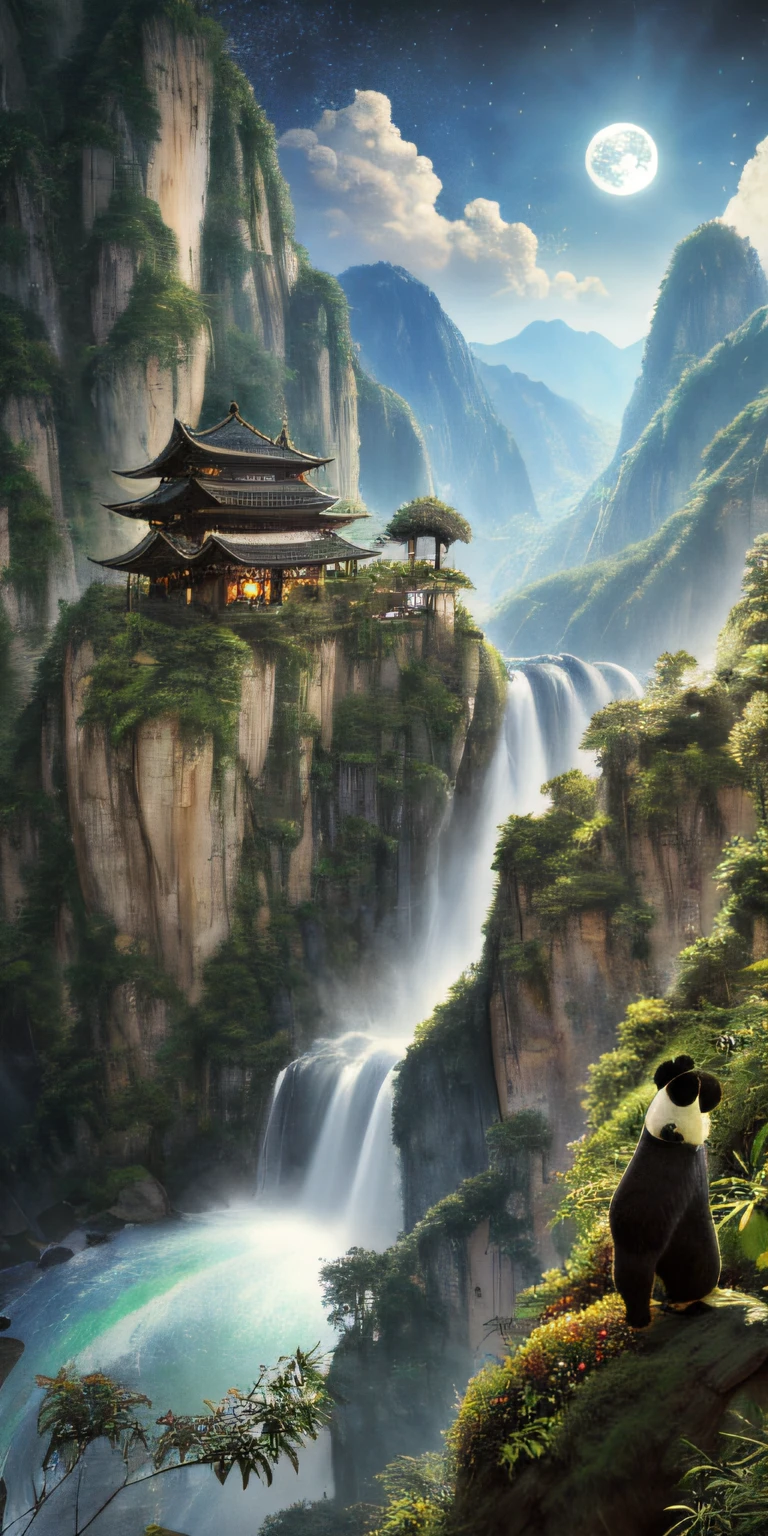 Masterpiece, High quality, Extremely detailed Cg Unity 8K wallpaper, scenery, Outdoors, Bamboo, Moon,Night, No Man, Mountain, landscape, waterfallr, cliff, Nature, Panda, award winning photography, hdr, full bloom, color difference ,Photorealistic,Extremely detailed, trending on artstationh, trending on CGSociety, Intricate, High detail, Dramatic, art by midjourney