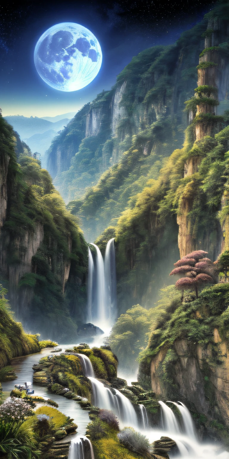 Masterpiece, High quality, Extremely detailed Cg Unity 8K wallpaper, scenery, Outdoors, Bamboo, Moon，Night， No Man, Mountain, landscape, waterfallr, cliff, Nature, Panda, award winning photography, hdr, full bloom, color difference ,Photorealistic,Extremely detailed, trending on artstationh, trending on CGSociety, Intricate, High detail, Dramatic, art by midjourney