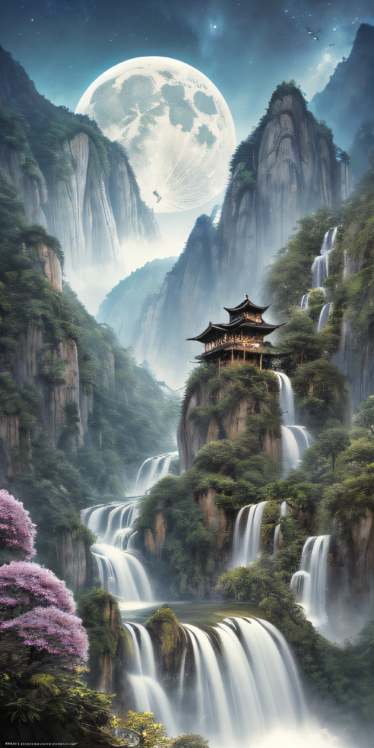 Masterpiece, High quality, Extremely detailed Cg Unity 8K wallpaper, scenery, Outdoors, Bamboo, Moon，Night， No Man, Mountain, landscape, waterfallr, cliff, Nature, Panda, award winning photography, hdr, full bloom, color difference ,Photorealistic,Extremely detailed, trending on artstationh, trending on CGSociety, Intricate, High detail, Dramatic, art by midjourney