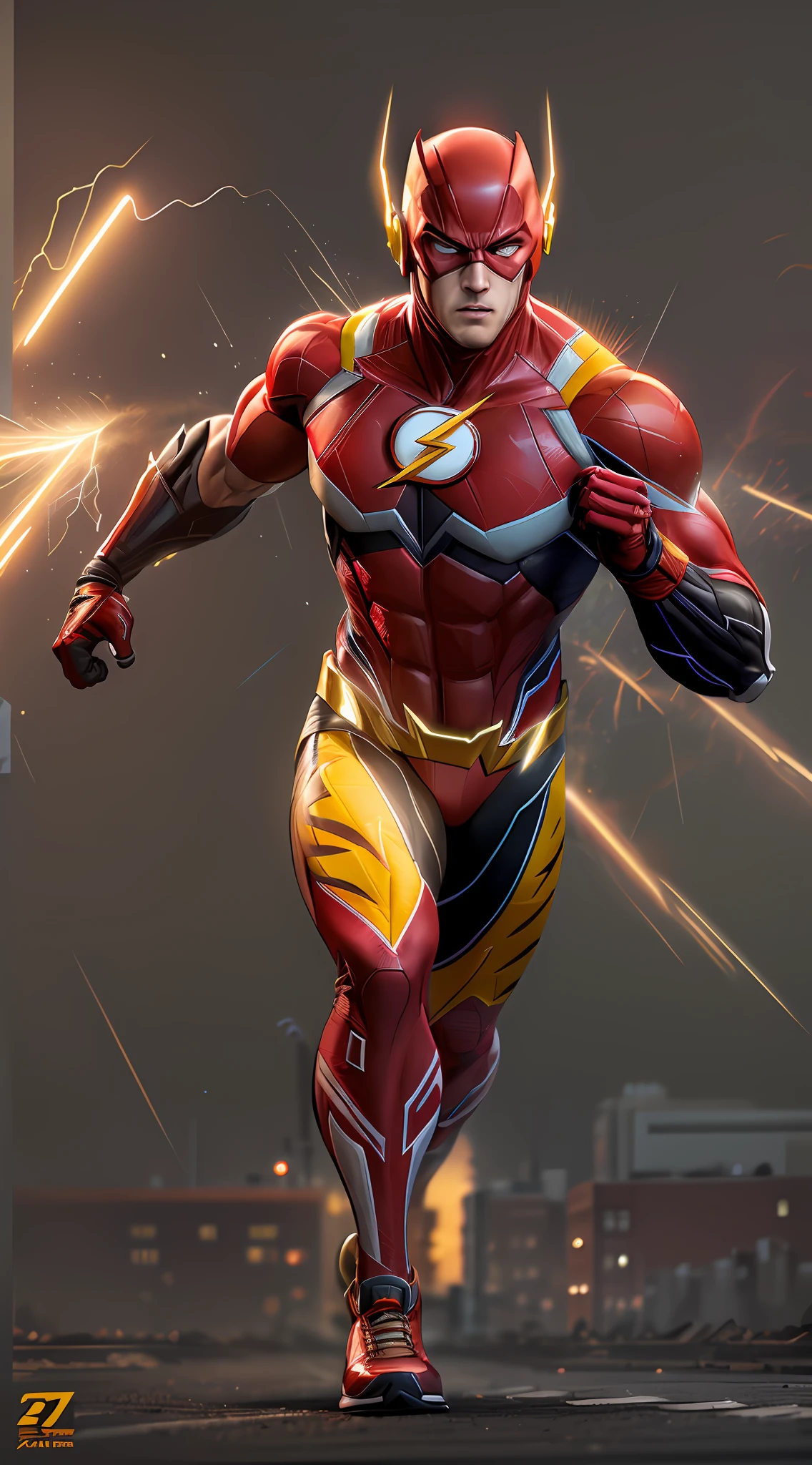 The Flash (Injustice 2), Best quality, high resolution, Tall, Muscular, hunk, White plate and scarlet neon set, Large glowing yellow eyes, Stand in a strong position, Yellow lightning track, Detailed face, Detailed suit, Ultra detailed, Masterpiece, Light tuning in the background, 4K, RAW photo, voluminetric lighting, Low camera angle,Virtual engine rendering,urban backdrop,Running athlete,Dash to cyberpunk flash , Summon masks, Glowing yellow eyes, body builder, jogging, urban in the background, lightning in sky, Hyper-detailing, hyper realisitc, cinematic ligh , rendering by octane, 16k,salama,The body is surrounded by lightning