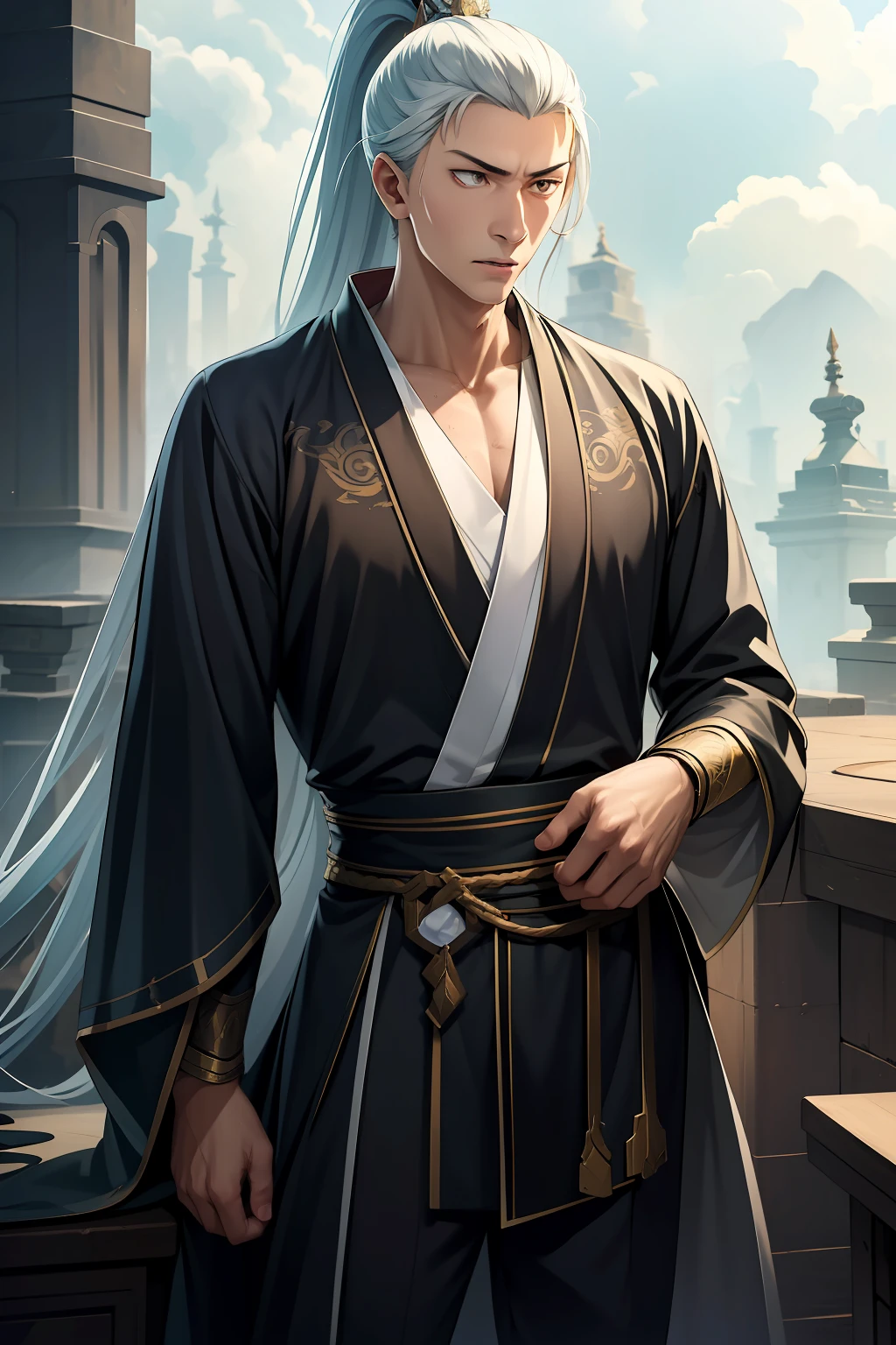 quadratic element,style of anime,mtu(Male Warrior),The proportions are correct,Face details,swordsmen,High ponytail hairstyle,Neck details,There is an Adam's apple,Black Hanfu,kaftan,Embroidered robes,Black robe,clothes details,Handing over,longer sleeves,Game quality,Swordsmanship,Light and shadow tracking,Ray traching,detailed glow,cg render,hair detail,long white hair,Black eyes,Handsome,Handsome,(juvenile sense),Clothing is complicated,Perfectcomposition,Refinement,high qulity,higher details,Lots of details,The background is complex,a sense of atmosphere,