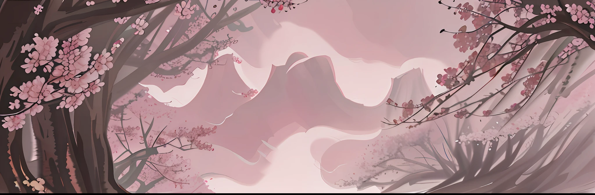 There are a lot of peach blossom trees,There are many peach blossoms, A lot of peach blossom petals are falling,smooggy,fog atmosphere,water fog,screenshots from movies, Wuxia, A cena mais bonita, xianxia fantasy, White Hanfu, highlight scene of the movie, fantasy movie still,China-style,ink and watercolor painting