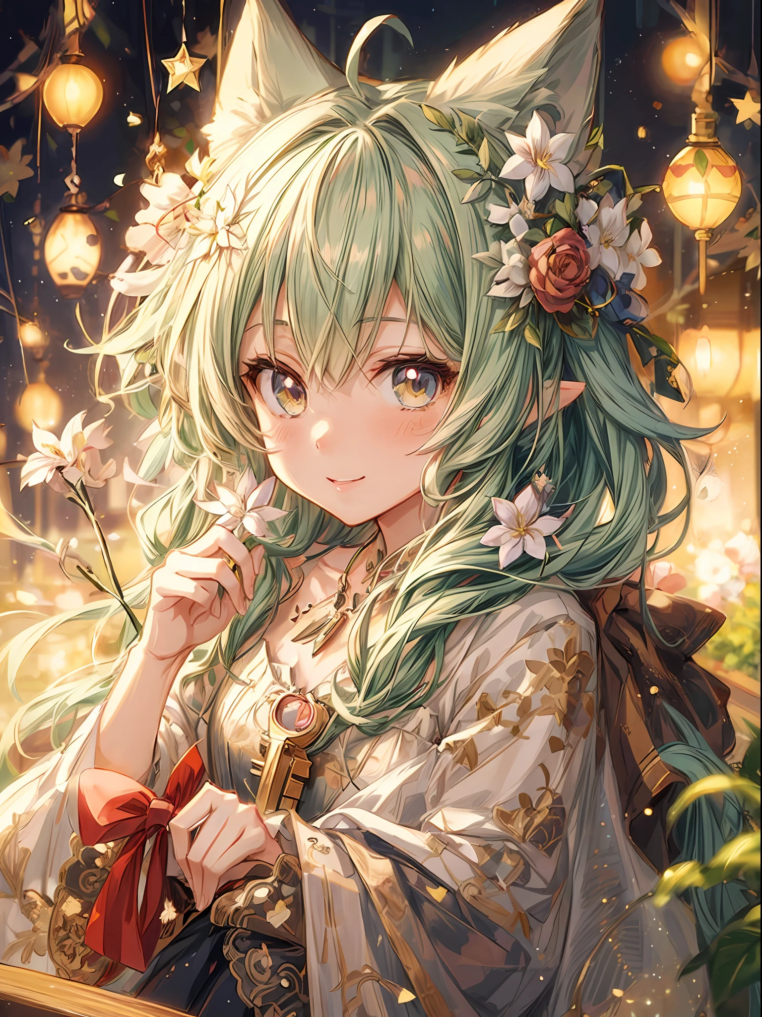 a close up of a person with a cat ear and a flower in their hand, anime visual of a cute girl, detailed anime artwork, cute anime waifu in a nice dress, beautiful anime portrait, detailed key anime art, detailed digital anime art, elf girl wearing an flower suit, clean detailed anime art, detailed anime art, smiling as a queen of fairies