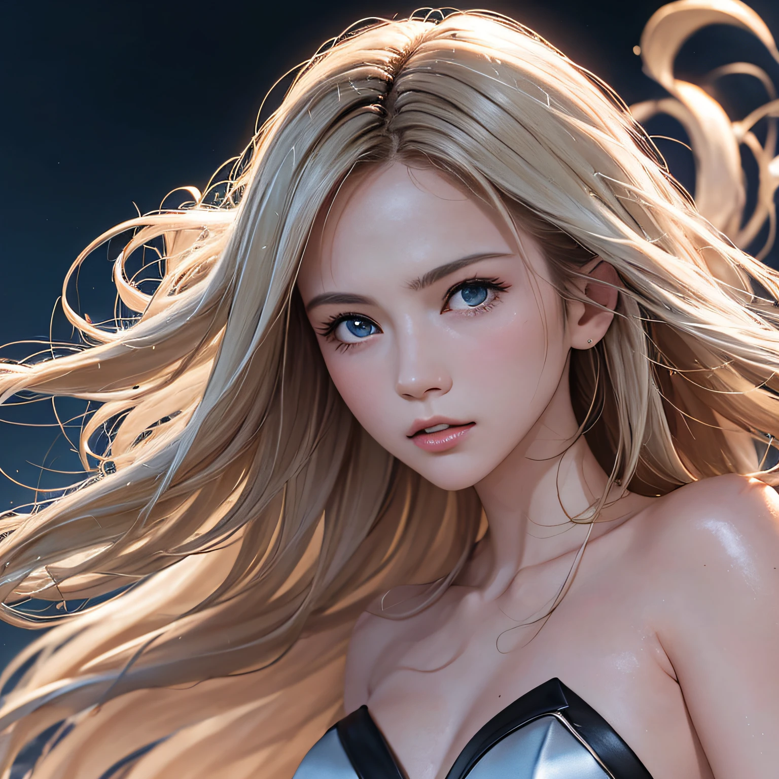 (8K, RAW Photos, of the highest quality, Masterpieces: 1.2), (Realistic, Photorealistic: 1.37), Highest Quality, Ultra High Resolution, light leaks, Dynamic lighting, Slim and smooth skin, (Full body:1.3), (Soft Saturation: 1.6), (Fair skin: 1.2), (Glossy skin: 1.1), Oiled skin, 22 years old, Night, shiny white blonde, Well-formed, Hair fluttering in the wind, Close-up shot of face only, Physically Based Rendering, From multiple angles, maikurobikini