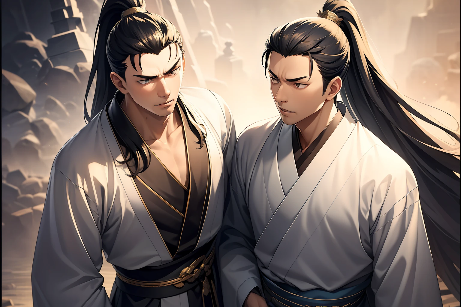 quadratic element,style of anime,mtu(Male Warrior),The proportions are correct,Face details,swordsmen,High ponytail hairstyle,Neck details,There is an Adam's apple,Black Hanfu,kaftan,Embroidered robes,Black robe,clothes details,Handing over,longer sleeves,Game quality,Swordsmanship,Light and shadow tracking,Ray traching,detailed glow,cg render,hair detail,long white hair,Black eyes,Handsome,Handsome,(juvenile sense),Clothing is complicated,Perfectcomposition,Refinement,high qulity,higher details,Lots of details,The background is complex,a sense of atmosphere,