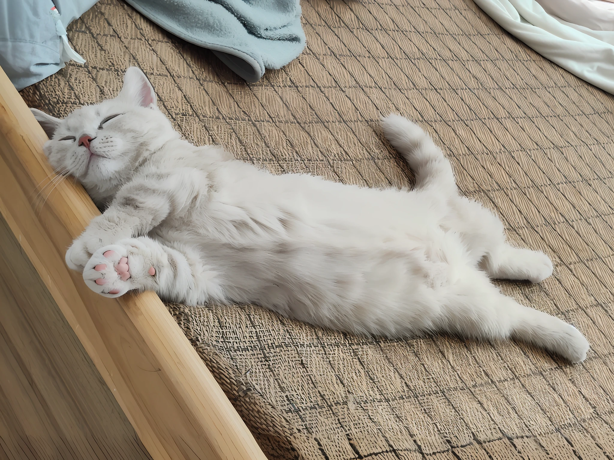There was a cat lying on the floor next to the bed, he is very relaxed, relaxed poses, cats sleeping, nearly napping, she's lying on her back, happy wise. he has bouncy belly, in a chill position, relaxing after a hard day, showing his paws to viewer, satisfied pose, beautiful cat feet, komono