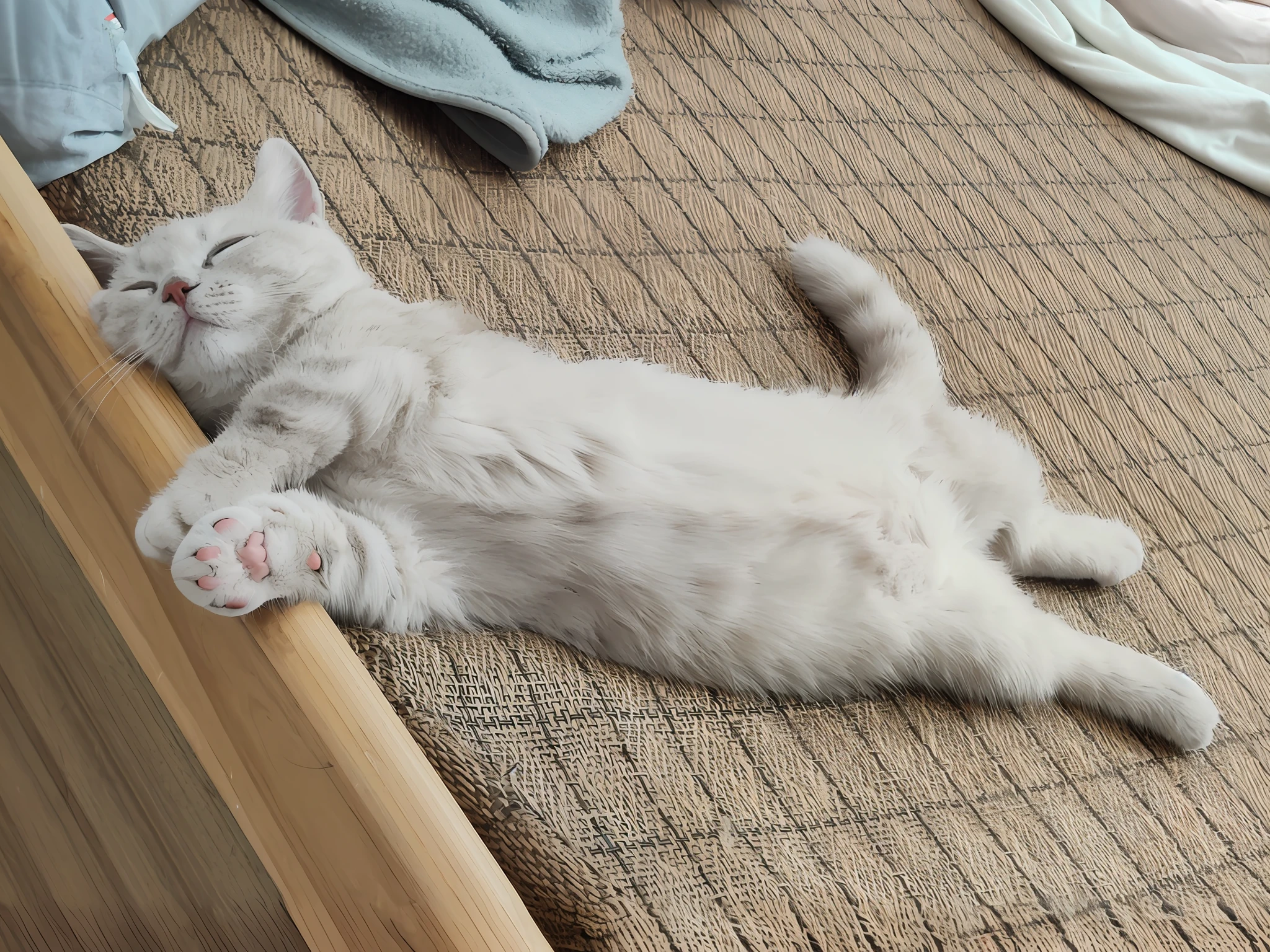 There was a cat lying on the floor next to the bed, he is very relaxed, relaxed poses, cats sleeping, nearly napping, she's lying on her back, happy wise. he has bouncy belly, in a chill position, relaxing after a hard day, showing his paws to viewer, satisfied pose, beautiful cat feet, komono