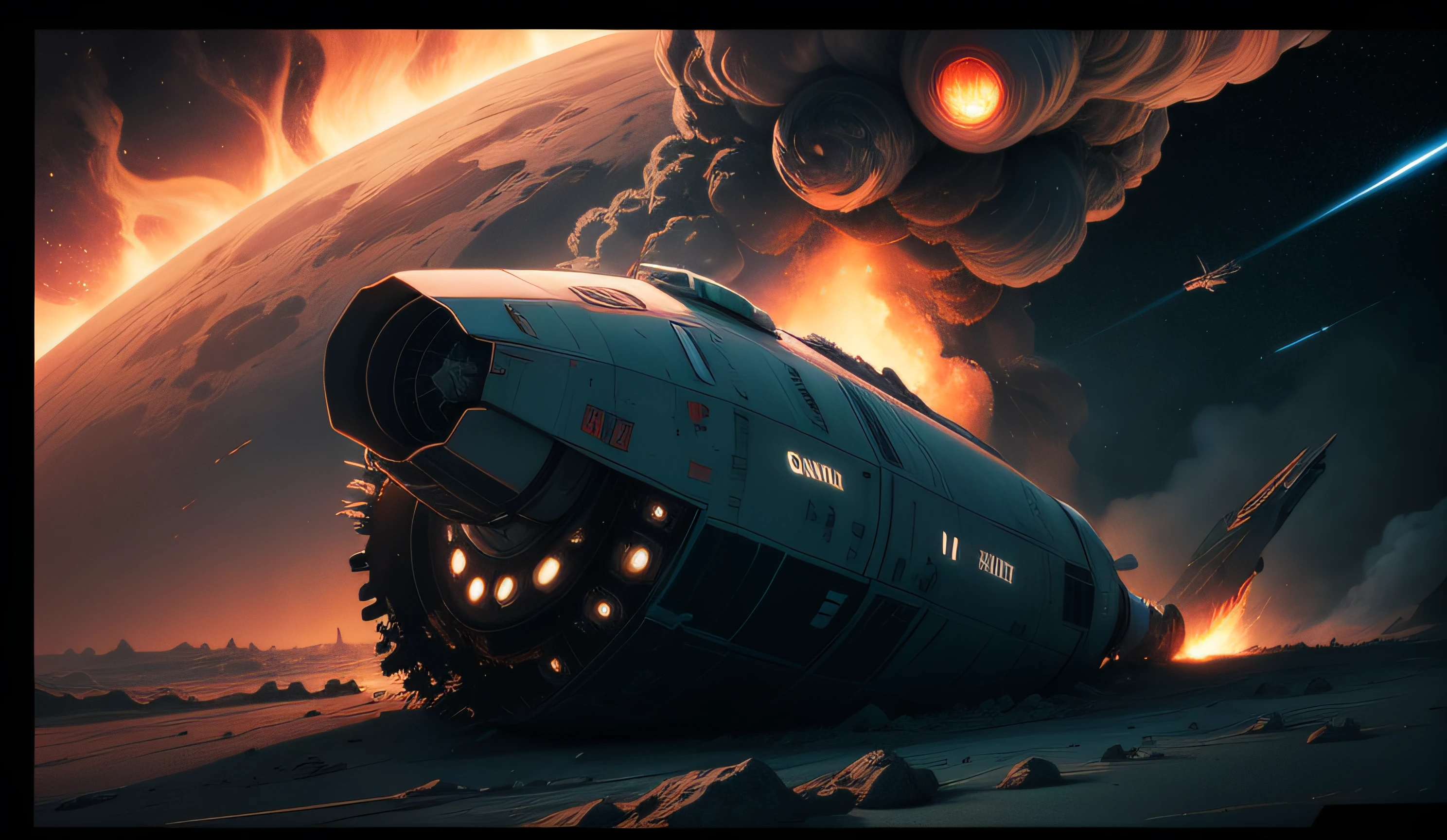 sci-fy,cyber punk perssonage,cosmic space,The spacecraft crashed towards Jupiter,Jupiter detailed,Battle damage,on fire,destroy,Tragic,atmospheric distance sense,in a panoramic view,Cinematic footage