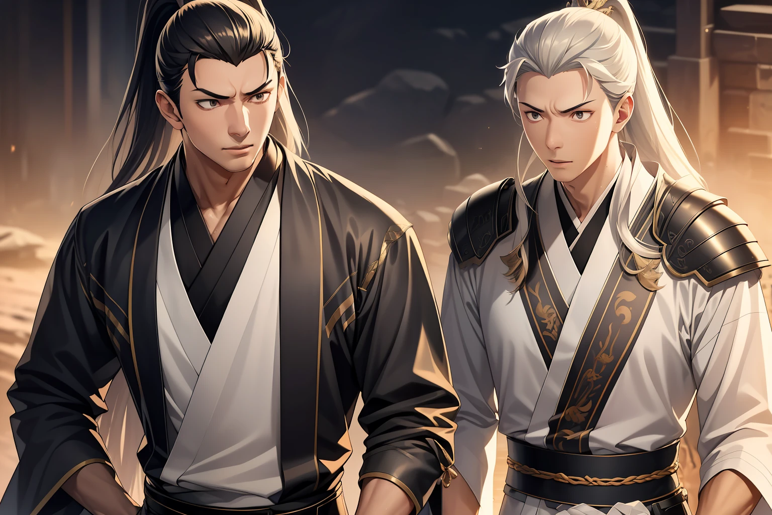 quadratic element,style of anime,mtu(Male Warrior),The proportions are correct,Face details,swordsmen,High ponytail hairstyle,Neck details,There is an Adam's apple,Black Hanfu,kaftan,Embroidered robes,Black robe,clothes details,Handing over,longer sleeves,Game quality,Swordsmanship,Light and shadow tracking,Ray traching,detailed glow,cg render,hair detail,long white hair,Black eyes,Handsome,Handsome,(juvenile sense),Clothing is complicated,Perfectcomposition,Refinement,high qulity,higher details,Lots of details,The background is complex,a sense of atmosphere,