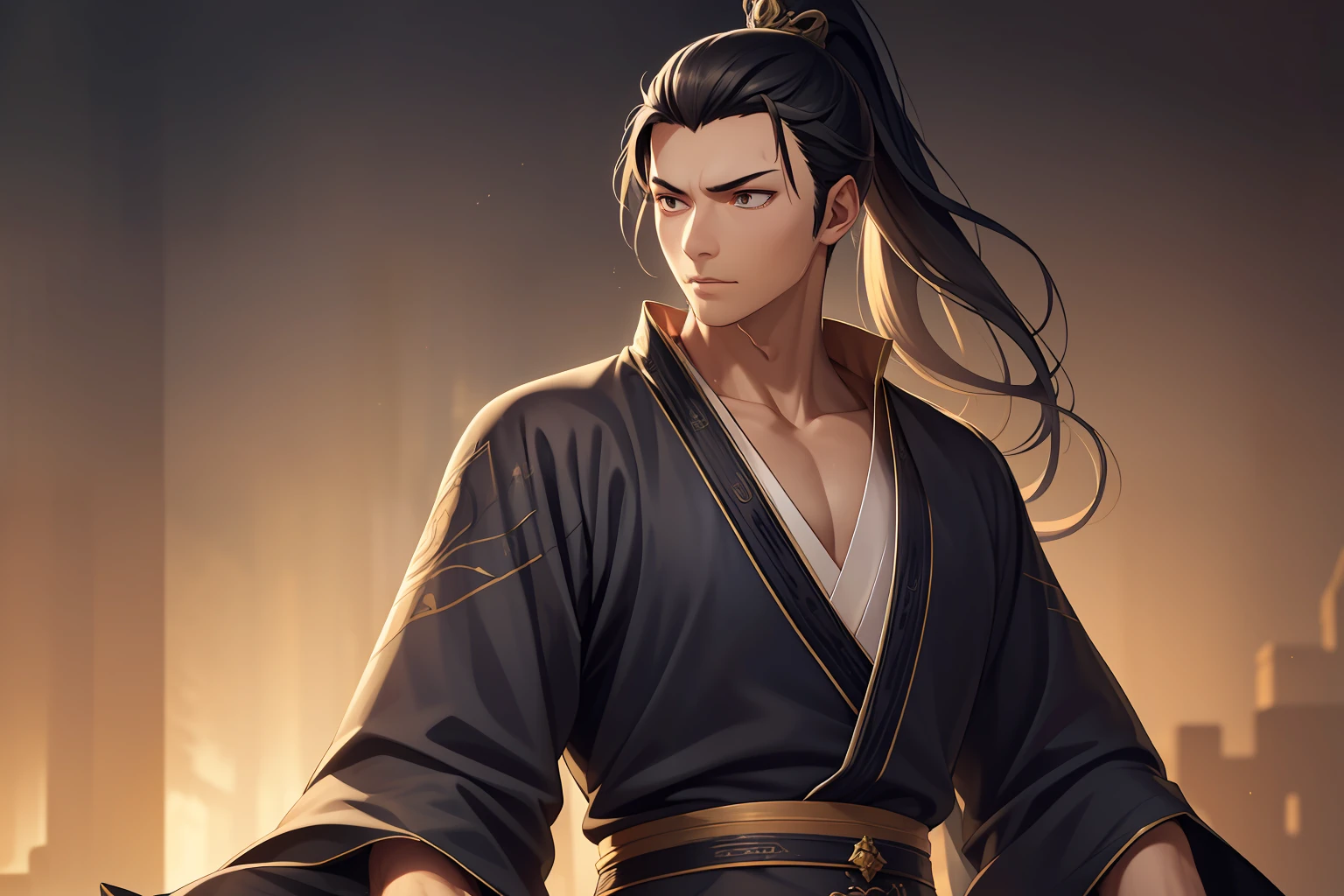 quadratic element,style of anime,mtu(Male Warrior),The proportions are correct,Face details,swordsmen,High ponytail hairstyle,Neck details,There is an Adam's apple,Black Hanfu,kaftan,Embroidered robes,Black robe,clothes details,Handing over,longer sleeves,Game quality,Swordsmanship,Light and shadow tracking,Ray traching,detailed glow,cg render,hair detail,long white hair,Black eyes,Handsome,Handsome,(juvenile sense),Clothing is complicated,Perfectcomposition,Refinement,high qulity,higher details,Lots of details,The background is complex,a sense of atmosphere,