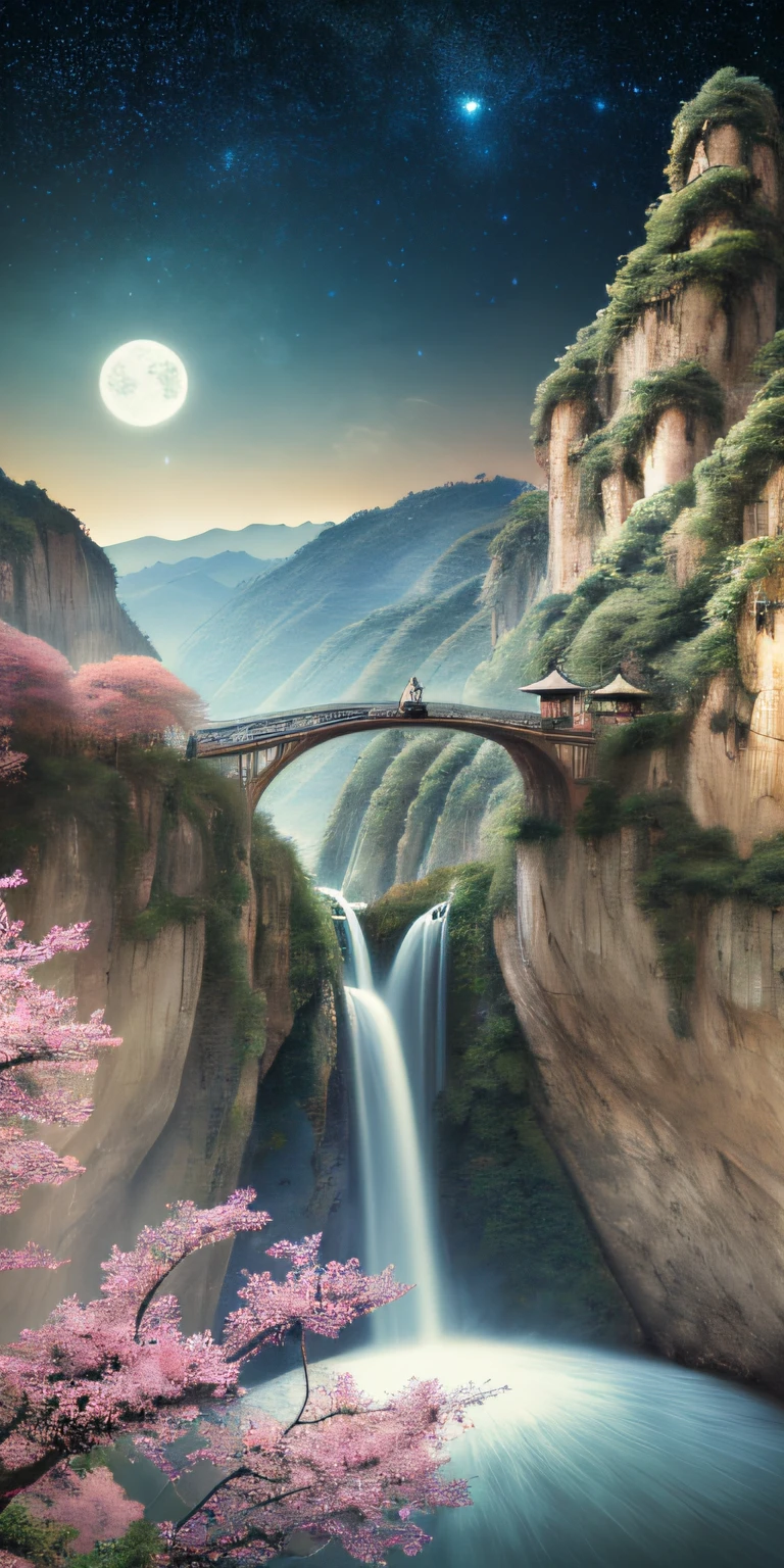 Masterpiece, High quality, Extremely detailed Cg Unity 8K wallpaper, scenery, Outdoors, Bamboo, Moon，Night， No Man, Mountain, landscape, waterfallr, cliff, Nature, Panda, award winning photography, hdr, full bloom, color difference ,Photorealistic,Extremely detailed, trending on artstationh, trending on CGSociety, Intricate, High detail, Dramatic, art by midjourney