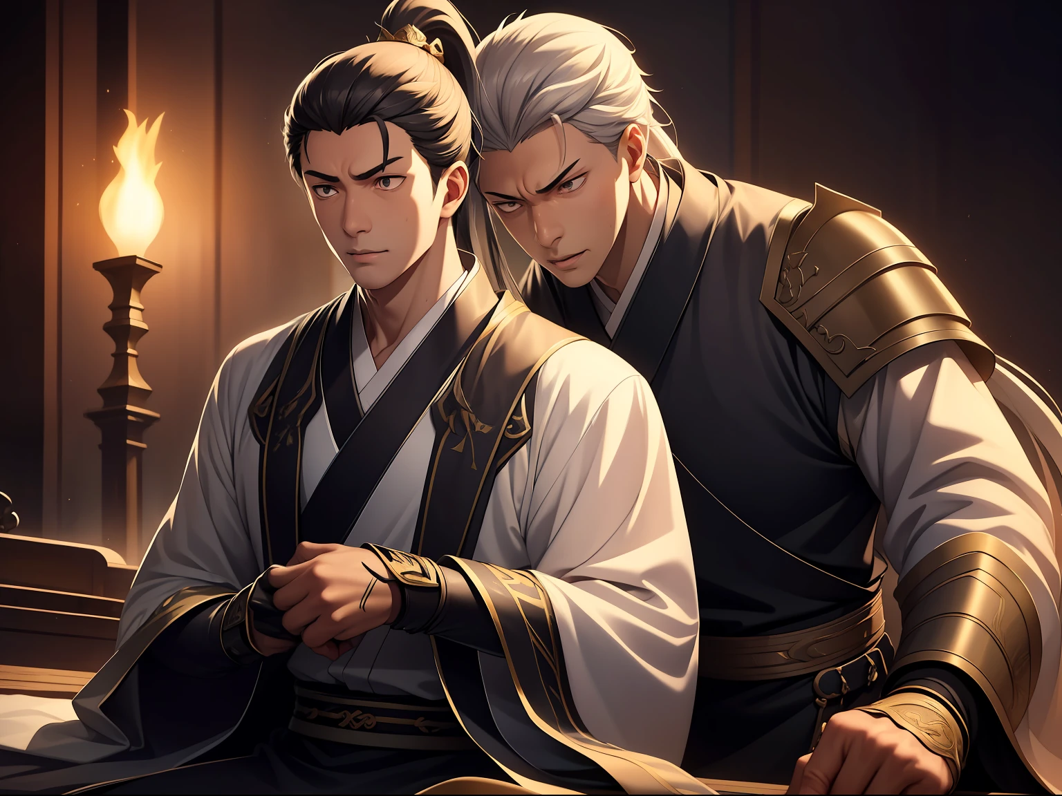 quadratic element，style of anime，mtu（Male Warrior），The proportions are correct，Face details，swordsmen，High ponytail hairstyle，Neck details，There is an Adam's apple，Black Hanfu，kaftan，Embroidered robes，Black robe，clothes details，Handing over，longer sleeves，Game quality，Swordsmanship，Light and shadow tracking，Ray traching，detailed glow，cg render，hair detail，long  white hair，Black eyes，Handsome，Handsome，（juvenile sense），Clothing is complicated，Perfectcomposition，Refinement，high qulity，higher details，Lots of details，The background is complex，a sense of atmosphere，