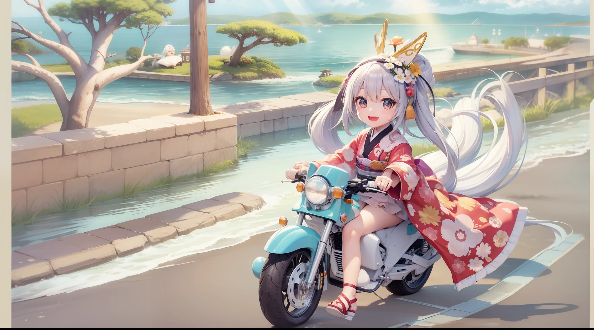 Kaguya in a kimono, A smile, kawaii, accessorized, Doll riding motorcycle on summer seaside road
