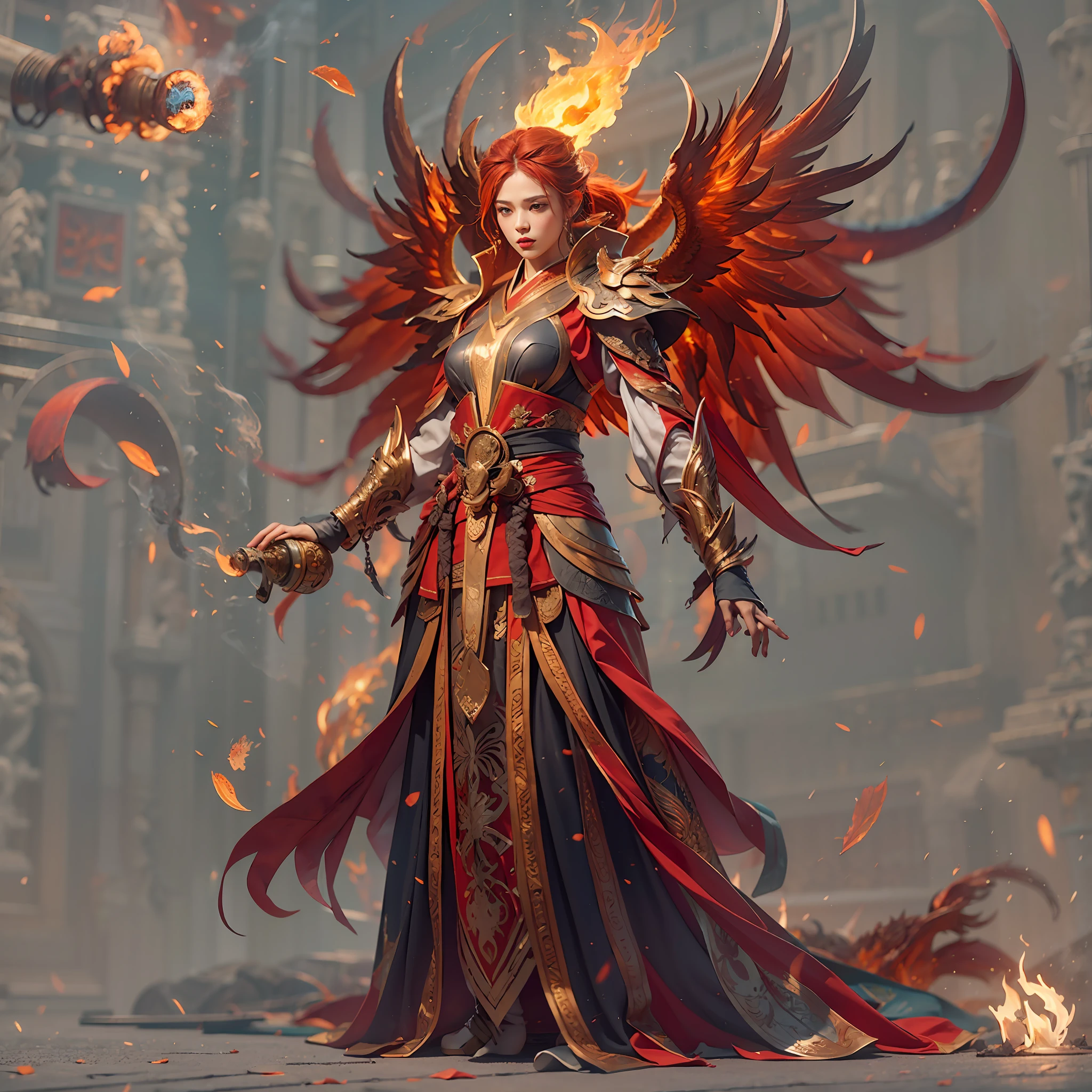 1girll,Flame mage dressed in fiery red(Chinese Hanfu),The robe was embroidered with intricate runes and ornaments,Exudes a burning breath。He was tall and strong,Hands up,Powerful fire spells are being unleashed。His eyes were firm and sharp,A flash of fire flashed in his eyes,Behind the Flame Mage,(A huge flame phoenix spread its wings and flew:1.2),(The feathers of the phoenix burned with a roaring flame),It shines brightly,Its body is surrounded by flames,Flame feathers danced,Form a spectacular flaming six-pointed star array pattern,Full of mysterious magic,The whole scene is full of fiery aura and passion for fighting,Large areas of flame spells bloomed in the air,A brilliant arc of flame and flying sparks formed,(Flame Mage and Phoenix),It appears majestic and mysterious in the midst of raging fires,Like the embodiment of fire and magic,red hair,high detal,ultra-realistic realism,Verism,((Bust photo)),(real photograph:1.4),(lightand shade contrast),cinmatic lighting,Realistic special effects,c4d渲染,rendering by octane,Ray traching,in a panoramic view,angle of view,textureskin,super detailing,hyper HD,tmasterpiece,anatomy correct,best qualtiy,A high resolution,8K