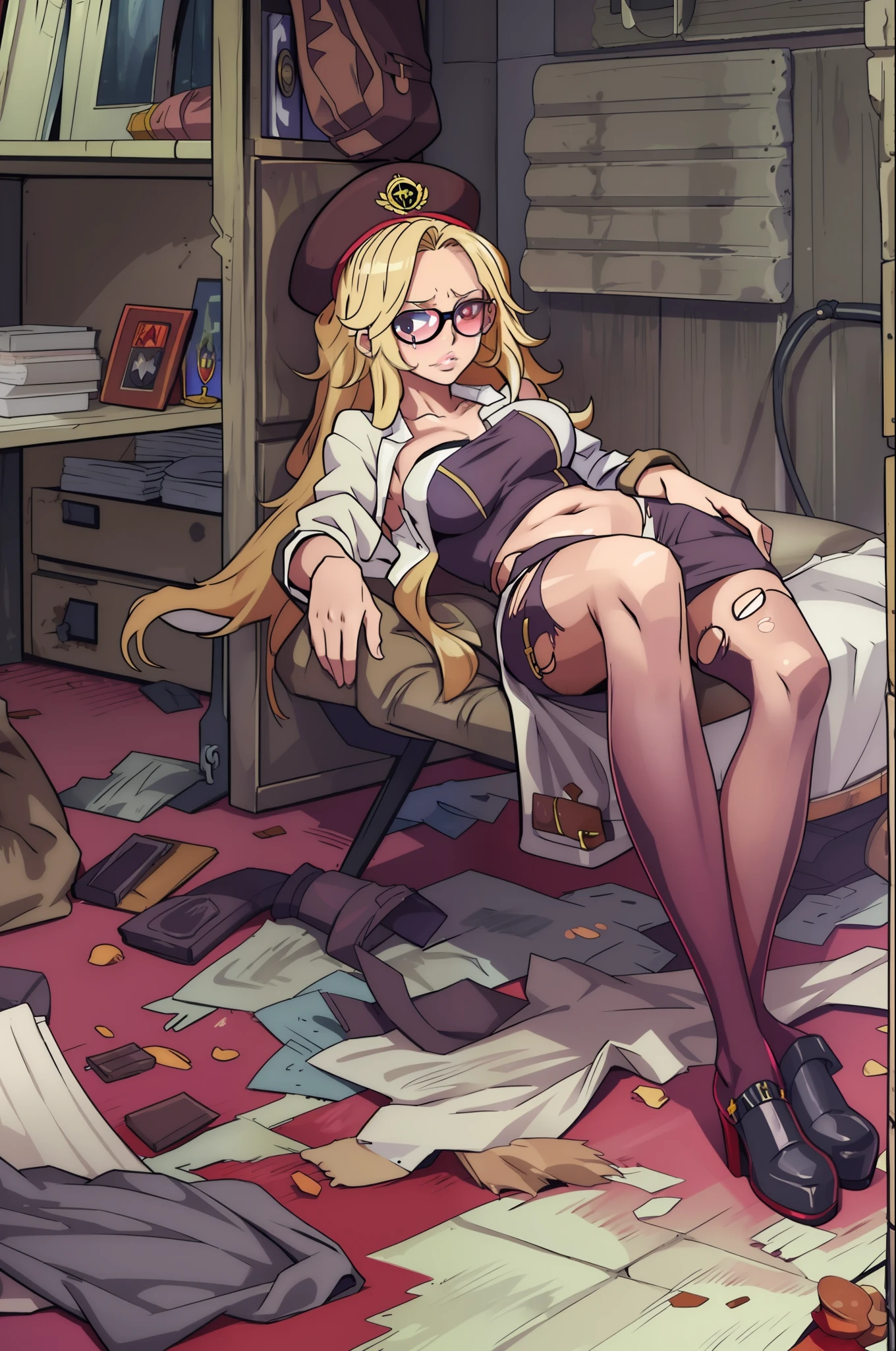 (Dominop:1.2), Blonde_Hair, Glasses, Hat, The large_Breasts, Lips, Skirt,One girl,full bodyesbian, torn cloth, Open legs, hand behind head, Underarms, , Tears, Humiliated, 浴室,Long hair,Heart-shaped pupils, Torn clothes, upper legs,Pathetic,exhibitionism,Clothes open,breasts out