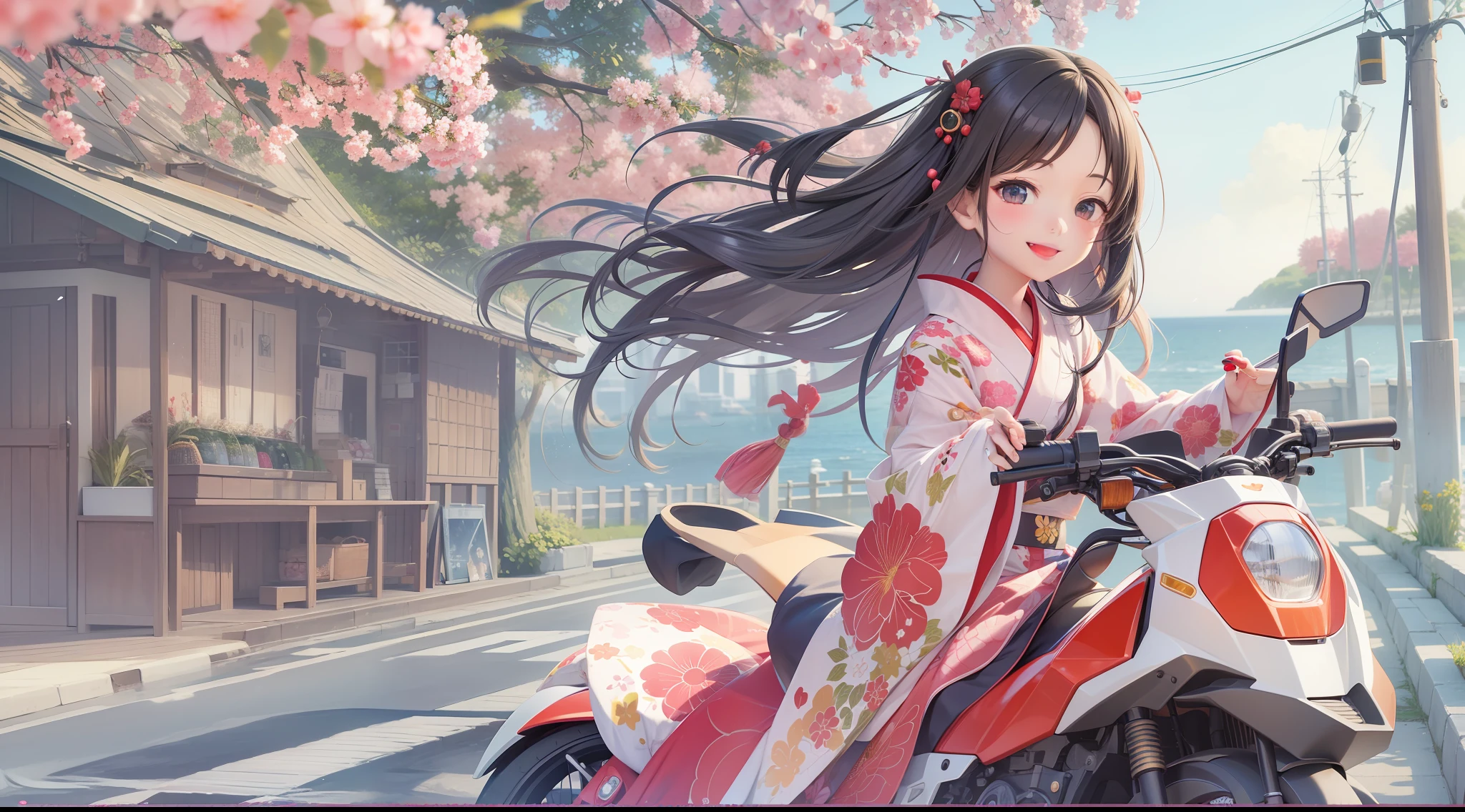 Kaguya in a kimono, A smile, kawaii, accessorized, Doll riding motorcycle on summer seaside road