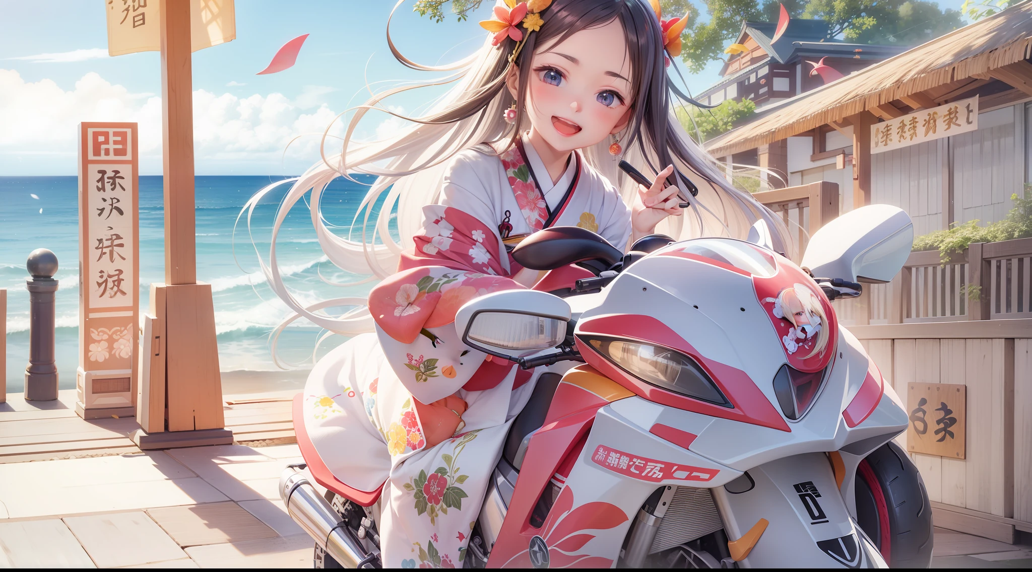 Kaguya in a kimono, A smile, kawaii, accessorized, Doll riding motorcycle on summer seaside road