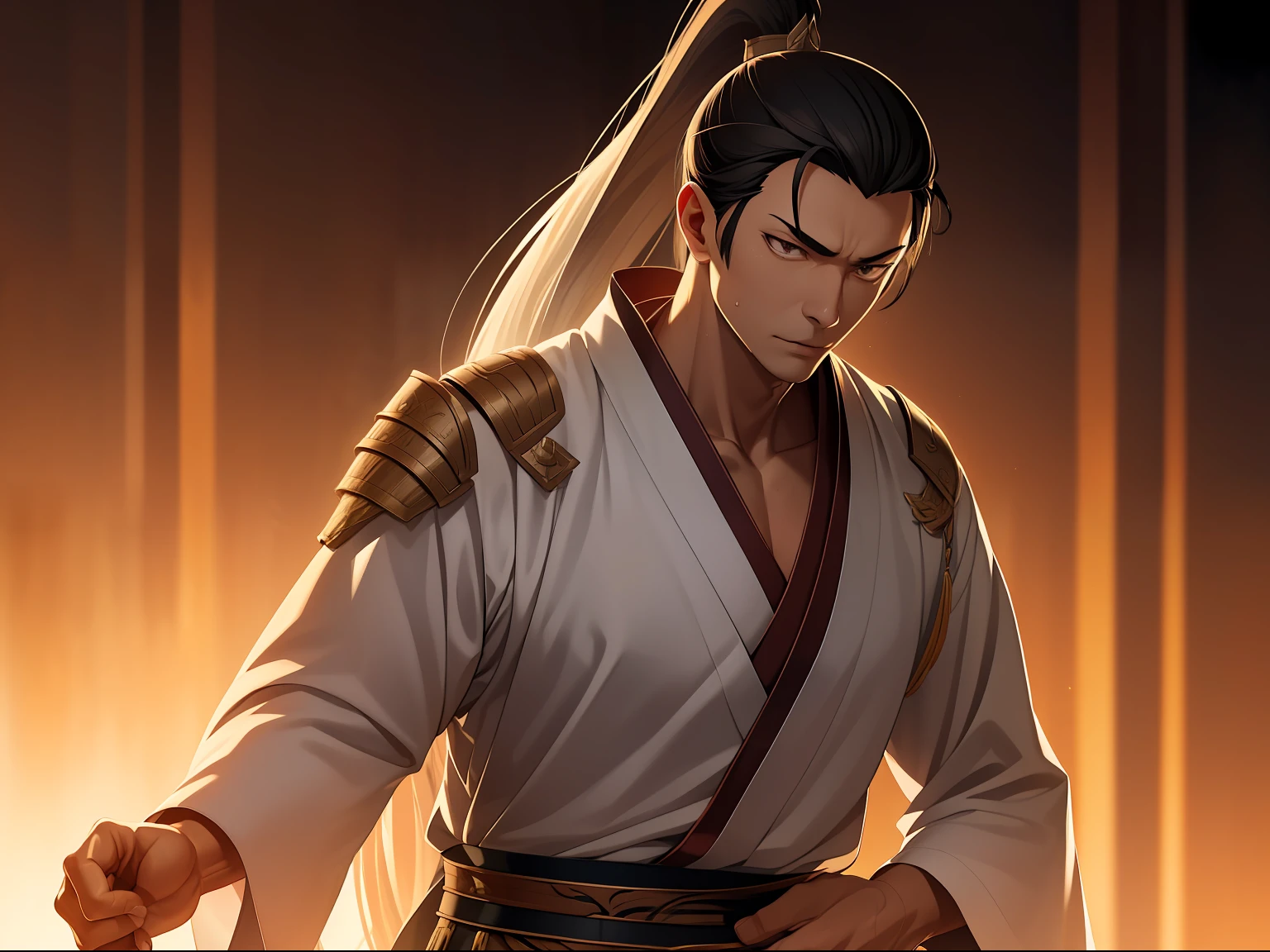 quadratic element,style of anime,mtu(Male Warrior),The proportions are correct,Face details,swordsmen,High ponytail hairstyle,Neck details,There is an Adam's apple,Black Hanfu,kaftan,Embroidered robes,Black robe,clothes details,Handing over,longer sleeves,Game quality,Swordsmanship,Light and shadow tracking,Ray traching,detailed glow,cg render,hair detail,long white hair,Black eyes,Handsome,Handsome,(juvenile sense),Clothing is complicated,Perfectcomposition,Refinement,high qulity,higher details,Lots of details,The background is complex,a sense of atmosphere,