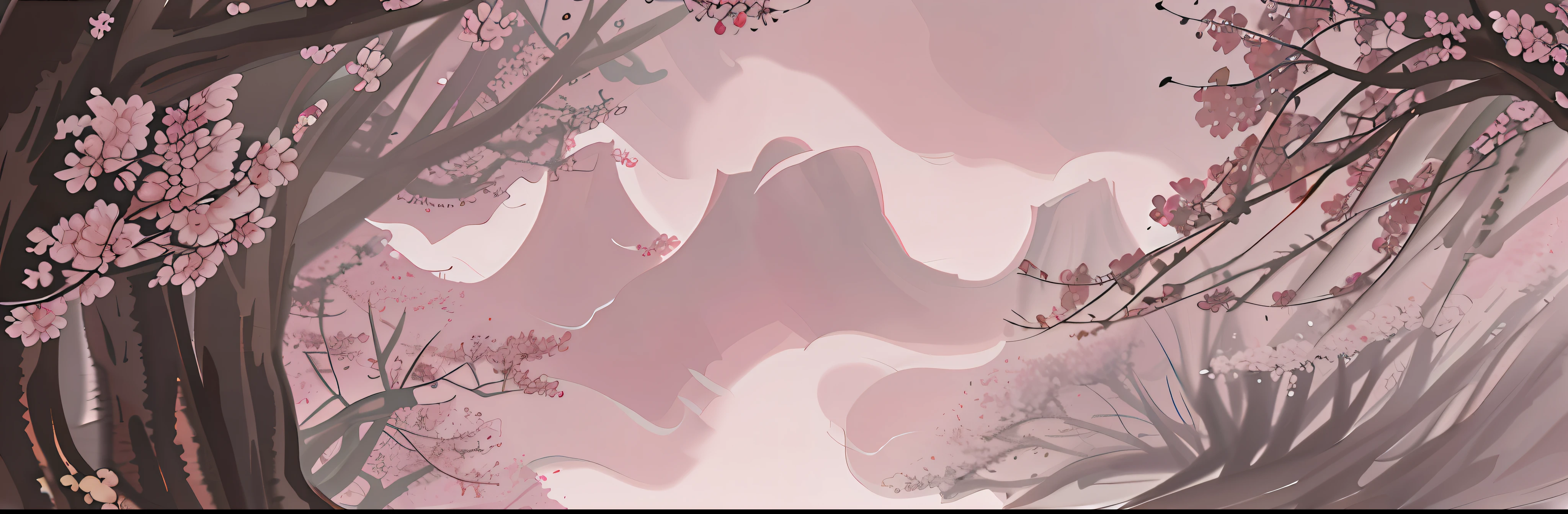There are a lot of peach blossom trees,There are many peach blossoms, A lot of peach blossom petals are falling,smooggy,fog atmosphere,water fog,screenshots from movies, Wuxia, A cena mais bonita, xianxia fantasy, White Hanfu, highlight scene of the movie, fantasy movie still,China-style,ink and watercolor painting