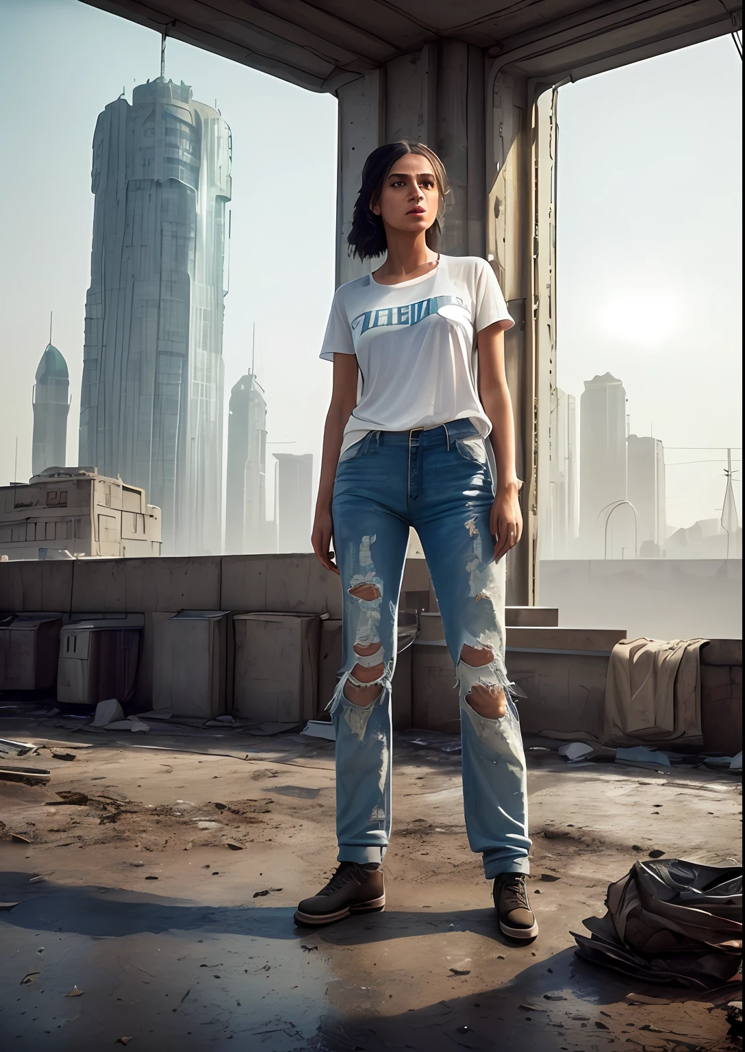 natural skin texture, 24mm, 4k textures, soft cinematic light, adobe lightroom, photolab, hdr, (full shot body:1.4) photo of italian woman, soviet union, 70s, retrofuturism, masterpiece, (photorealistic:1.4), best quality, ((old torn white Teeshirt, dirty torn jeans, skinny jeans)) beautiful lighting, ((old torn jeans with white full length tee-shirt, dirty))lying beaten on the ground, rain, mud, puddles, braided hairstyle, ray tracing, space background, ( very detailed background, detailed complex busy background : 1.4 ), sharp focus, volumetric fog, 8k uhd, dslr, high quality, film grain, ((depressive mood)), photorealism, lomography , at ( A sprawling soviet metropolis in a future dystopia ), view from below , translucency , (HDR:1.2), Mar