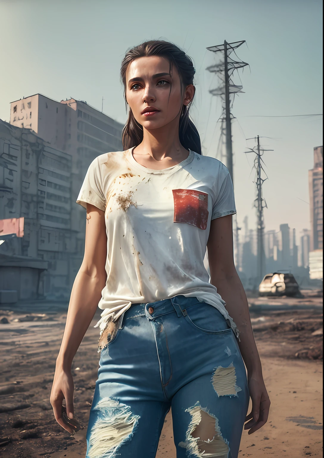 natural skin texture, 24mm, 4k textures, soft cinematic light, adobe lightroom, photolab, hdr, (full shot body:1.4) photo of italian woman, soviet union, 70s, retrofuturism, masterpiece, (photorealistic:1.4), best quality, ((old torn white Teeshirt, dirty torn jeans, skinny jeans)) beautiful lighting, ((old torn jeans with white full length tee-shirt, dirty))lying beaten on the ground, rain, mud, puddles, braided hairstyle, ray tracing, space background, ( very detailed background, detailed complex busy background : 1.4 ), sharp focus, volumetric fog, 8k uhd, dslr, high quality, film grain, ((depressive mood)), photorealism, lomography , at ( A sprawling soviet metropolis in a future dystopia ), view from below , translucency , (HDR:1.2), Mar