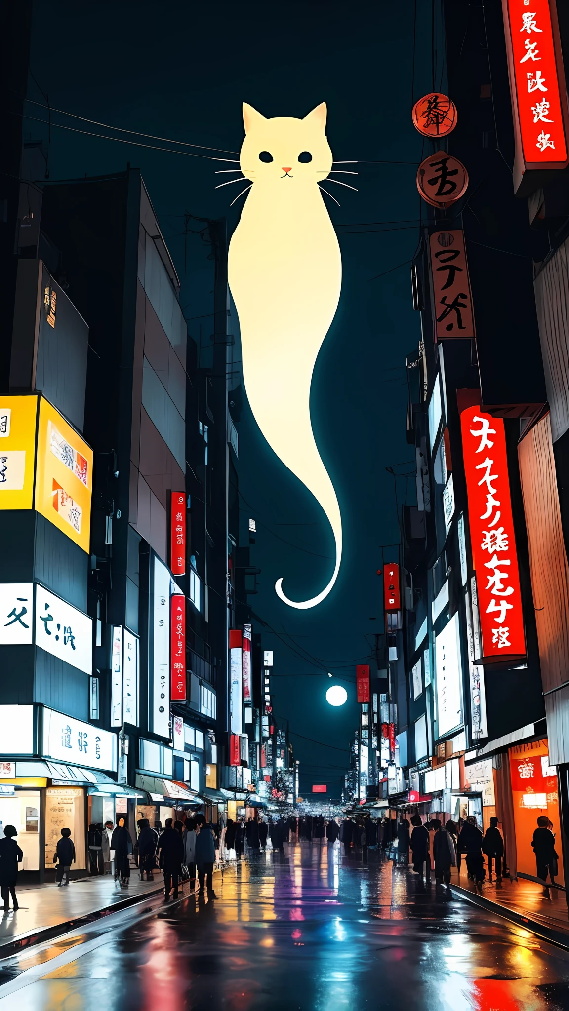 A cat ghost flying in the streets of Tokyo at night, luzes da cidade refletindo no asfalto, cidade deserta, Obra-prima, melhor qualidade, (papel de parede 8k de unidade CG muito detalhado) (melhor qualidade), (best illustration), (melhores sombras)