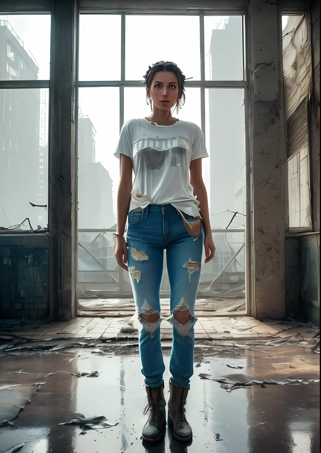 natural skin texture, 24mm, 4k textures, soft cinematic light, adobe lightroom, photolab, hdr, (full shot body:1.4) photo of italian woman, soviet union, 70s, retrofuturism, masterpiece, (photorealistic:1.4), best quality, ((old torn white Teeshirt, dirty torn jeans, skinny jeans)) beautiful lighting, ((old torn jeans with white full length tee-shirt, dirty))lying beaten on the ground, rain, mud, puddles, braided hairstyle, ray tracing, space background, ( very detailed background, detailed complex busy background : 1.4 ), sharp focus, volumetric fog, 8k uhd, dslr, high quality, film grain, ((depressive mood)), photorealism, lomography , at ( A sprawling soviet metropolis in a future dystopia ), view from below , translucency , (HDR:1.2), Mar