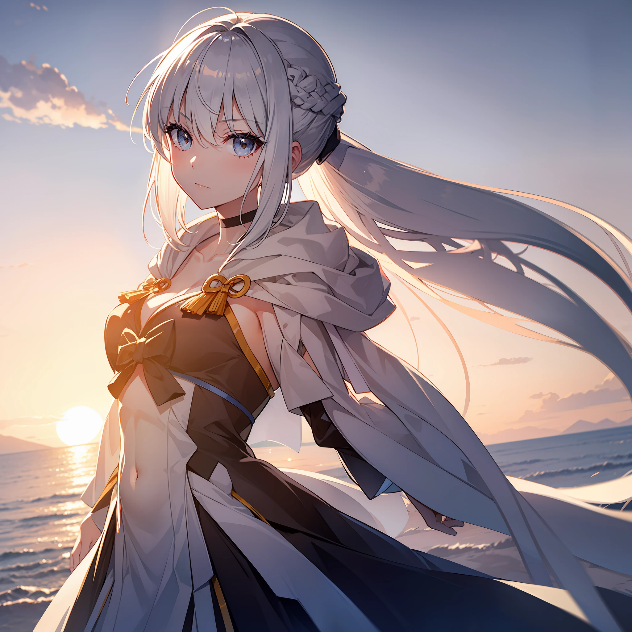 In the setting sun,1 girl with white hair standing on top of a hill,The wind ruffled her hair
