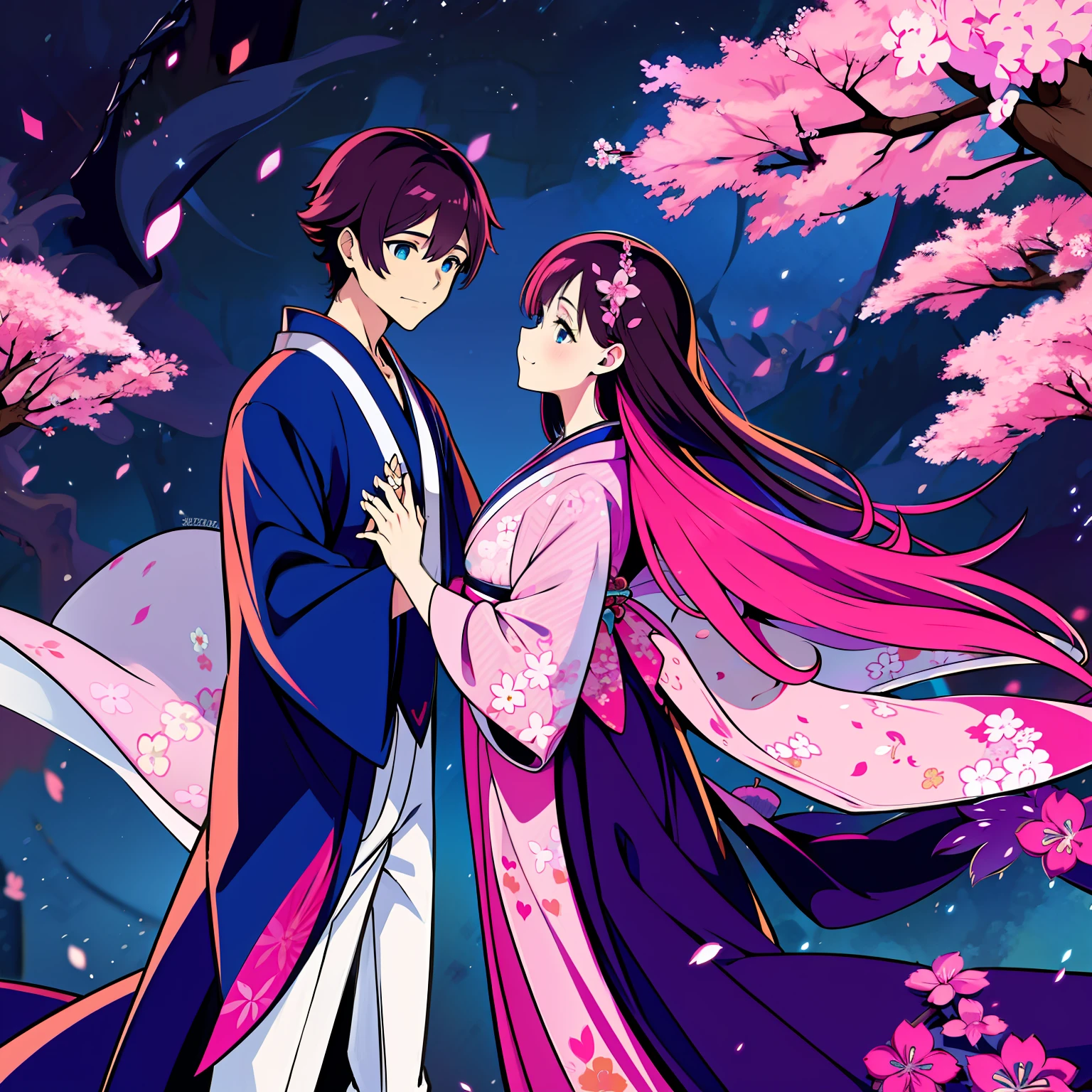 A man and a woman Girl Long hair purple eyes smile garden spring pink cherry blossom kimono Look up at boy's eyes Boy looks down at girl's eyes Eyes meet Affectionate boy Short hair Brunette blue eyes Japanese clothes are shy Two people holding hands Ten fingers interlocking Japanese anime style