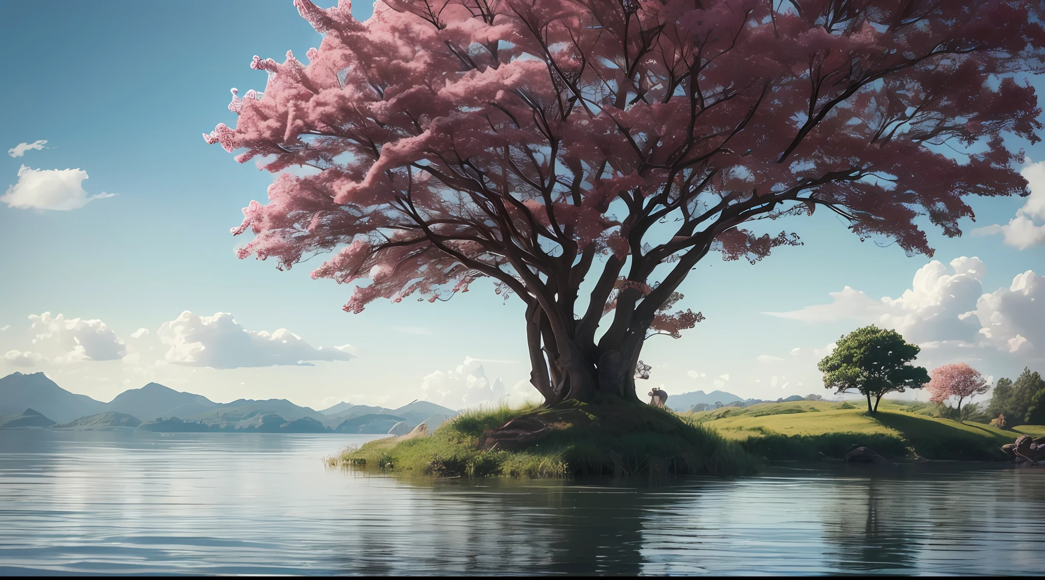 (Best quality),(masterpiece),(ultra detailed),(high detailed),(extremely detailed),Subject: Anime Background Illustration Medium: RAW photography. Resolution: 4000x3000 pixels. Color Palette: Soft and pastel colors with a hint of vibrancy. Mood: Serene, whimsical, and inviting. Composition: Balanced composition with a focal point that complements the foreground elements. Lighting: Gentle, diffused lighting with subtle variations in brightness. Style: Anime-inspired with a touch of fantasy and charm. Details: Include elements such as blooming cherry blossom trees, lush greenery, cozy buildings, and winding paths. Inspiration: Anime scenery, Studio Ghibli films, fantasy worlds, and tranquil natural settings. Camera Setup: None (since it's a digital illustration). Additional Notes: Pay attention to atmospheric perspective, with distant objects appearing lighter and less detailed. Incorporate depth by adding layers of foreground, middle ground, and background elements. Use soft brush strokes and blending techniques to create a dreamy and ethereal atmosphere. Consider adding elements of magic or fantasy, such as floating islands, whimsical creatures, or glowing orbs. Include small details like birds, butterflies, or falling leaves to enhance the sense of movement and life. Experiment with different textures, such as the rough bark of trees or the smooth surface of water. Incorporate elements of nature to evoke a sense of tranquility and harmony.
