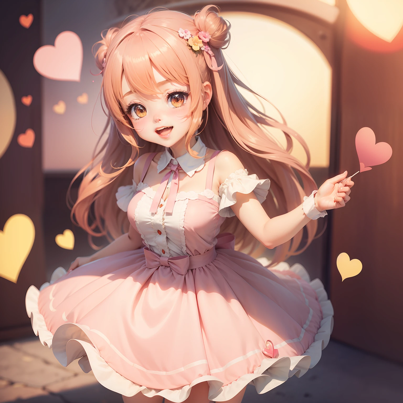 happy cute anime girl , taking a big heart , love love background , sweety , masterpiece, high quality