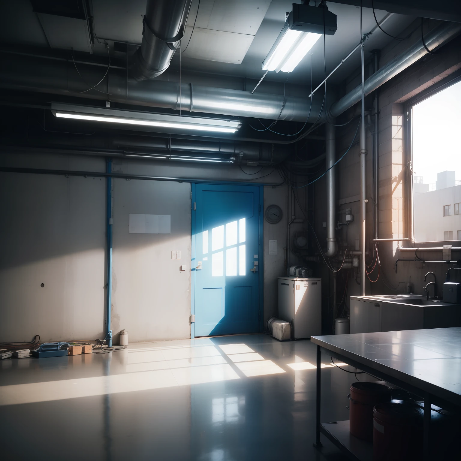 The basemap is a photo of the interior of the factory，Add a blue transparency mask，Tech Style