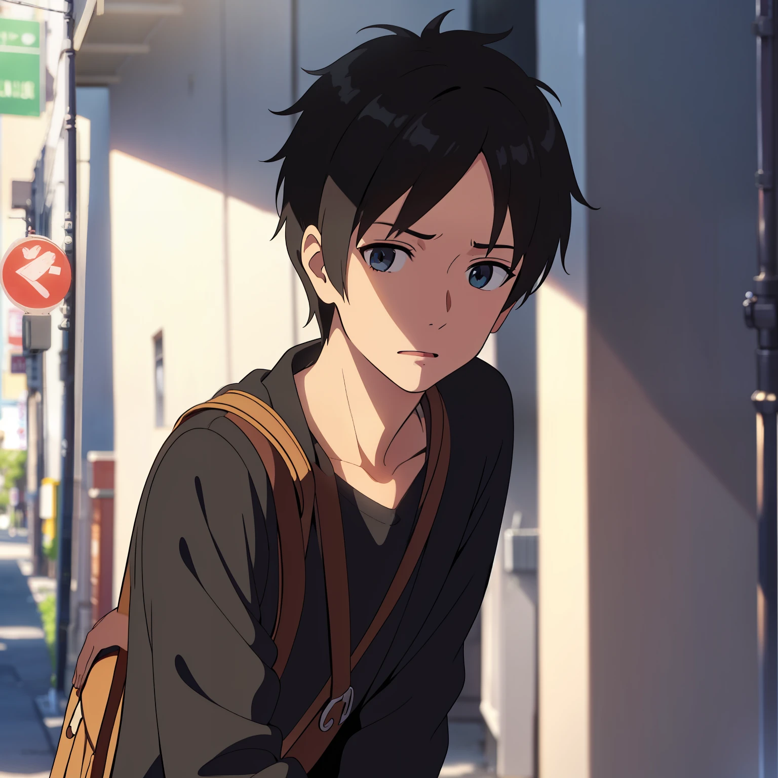 A 20-year-old boy),((The expression is flattering)),(Black hair),Face the lens,On the street