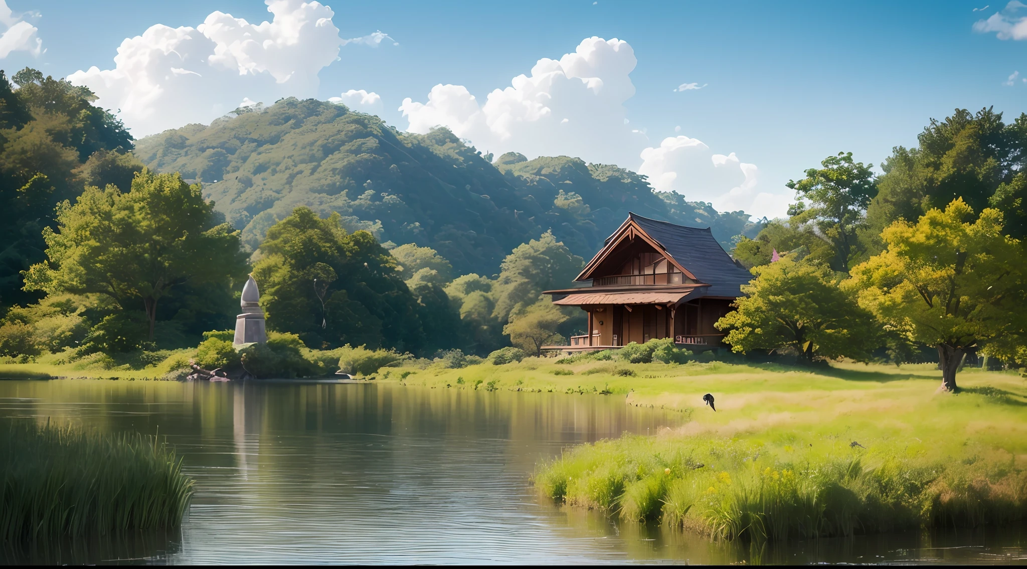 (Best quality),(masterpiece),(ultra detailed),(high detailed),(extremely detailed),Subject: Anime Background Illustration Medium: RAW photography. Resolution: 4000x3000 pixels. Color Palette: Soft and pastel colors with a hint of vibrancy. Mood: Serene, whimsical, and inviting. Composition: Balanced composition with a focal point that complements the foreground elements. Lighting: Gentle, diffused lighting with subtle variations in brightness. Style: Anime-inspired with a touch of fantasy and charm. Details: Include elements such as blooming cherry blossom trees, lush greenery, cozy buildings, and winding paths. Inspiration: Anime scenery, Studio Ghibli films, fantasy worlds, and tranquil natural settings. Camera Setup: None (since it's a digital illustration). Additional Notes: Pay attention to atmospheric perspective, with distant objects appearing lighter and less detailed. Incorporate depth by adding layers of foreground, middle ground, and background elements. Use soft brush strokes and blending techniques to create a dreamy and ethereal atmosphere. Consider adding elements of magic or fantasy, such as floating islands, whimsical creatures, or glowing orbs. Include small details like birds, butterflies, or falling leaves to enhance the sense of movement and life. Experiment with different textures, such as the rough bark of trees or the smooth surface of water. Incorporate elements of nature to evoke a sense of tranquility and harmony.