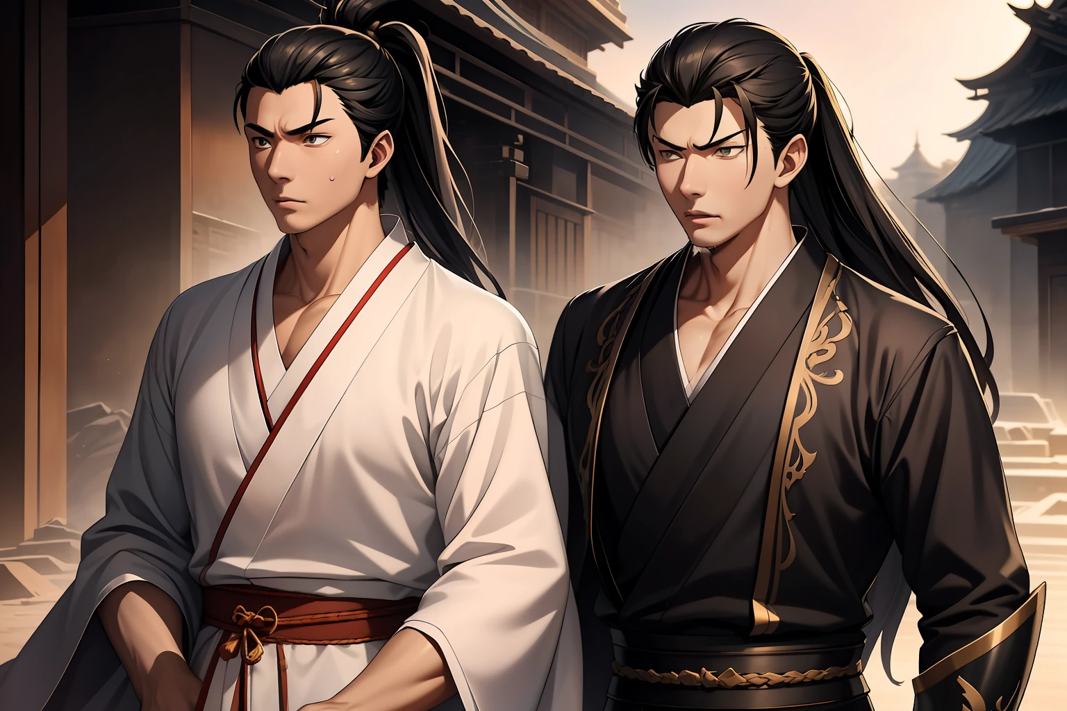 Male Warrior，style of anime，Ray traching，High-quality CG rendering，Lots of details，Refine the details，Black eyes，long  white hair，Handsome，juvenile sense，Black Hanfu，kaftan，Light and shadow tracking，Neck details，Long sleeves with collars，Swordsmanship，The background is complex，a sense of atmosphere