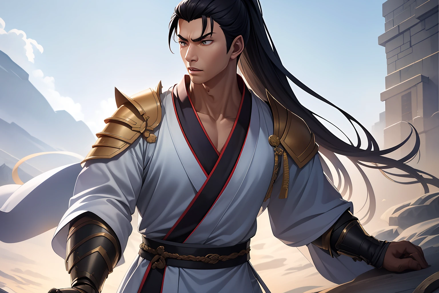 Male Warrior,style of anime,Ray traching,High-quality CG rendering,Lots of details,Refine the details,Black eyes,long white hair,Handsome,juvenile sense,Black Hanfu,kaftan,Light and shadow tracking,Neck details,Long sleeves with collars,Swordsmanship,The background is complex,a sense of atmosphere