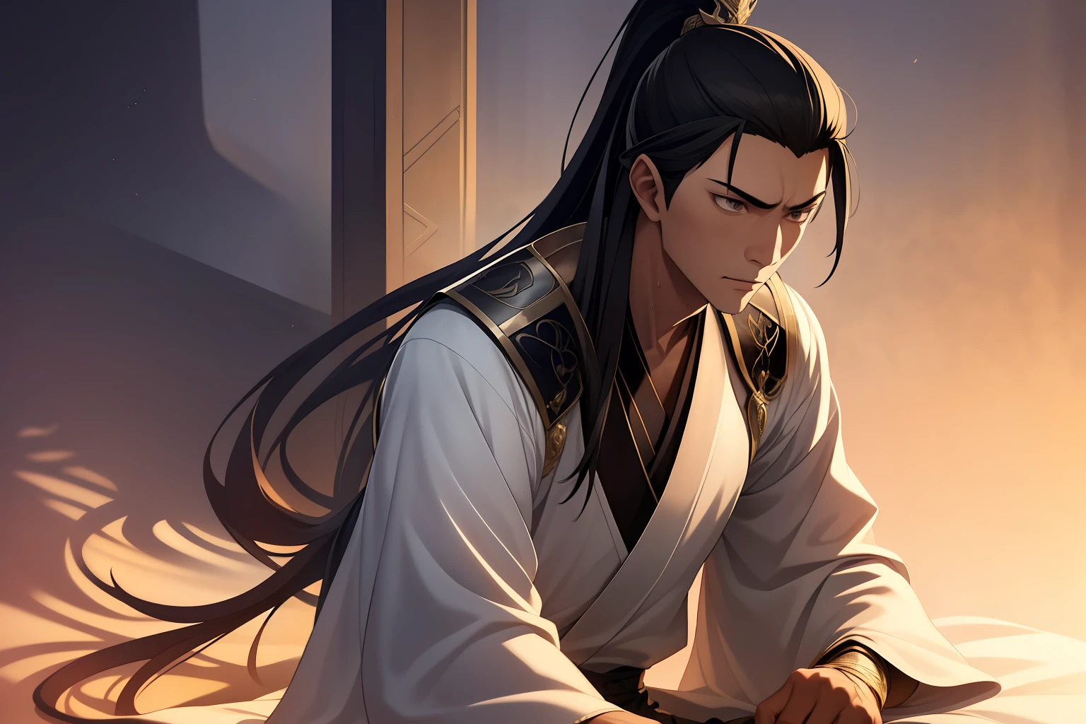 Male Warrior，style of anime，Ray traching，High-quality CG rendering，Lots of details，Refine the details，Black eyes，long  white hair，Handsome，juvenile sense，Black Hanfu，kaftan，Light and shadow tracking，Neck details，Long sleeves with collars，Swordsmanship，The background is complex，a sense of atmosphere