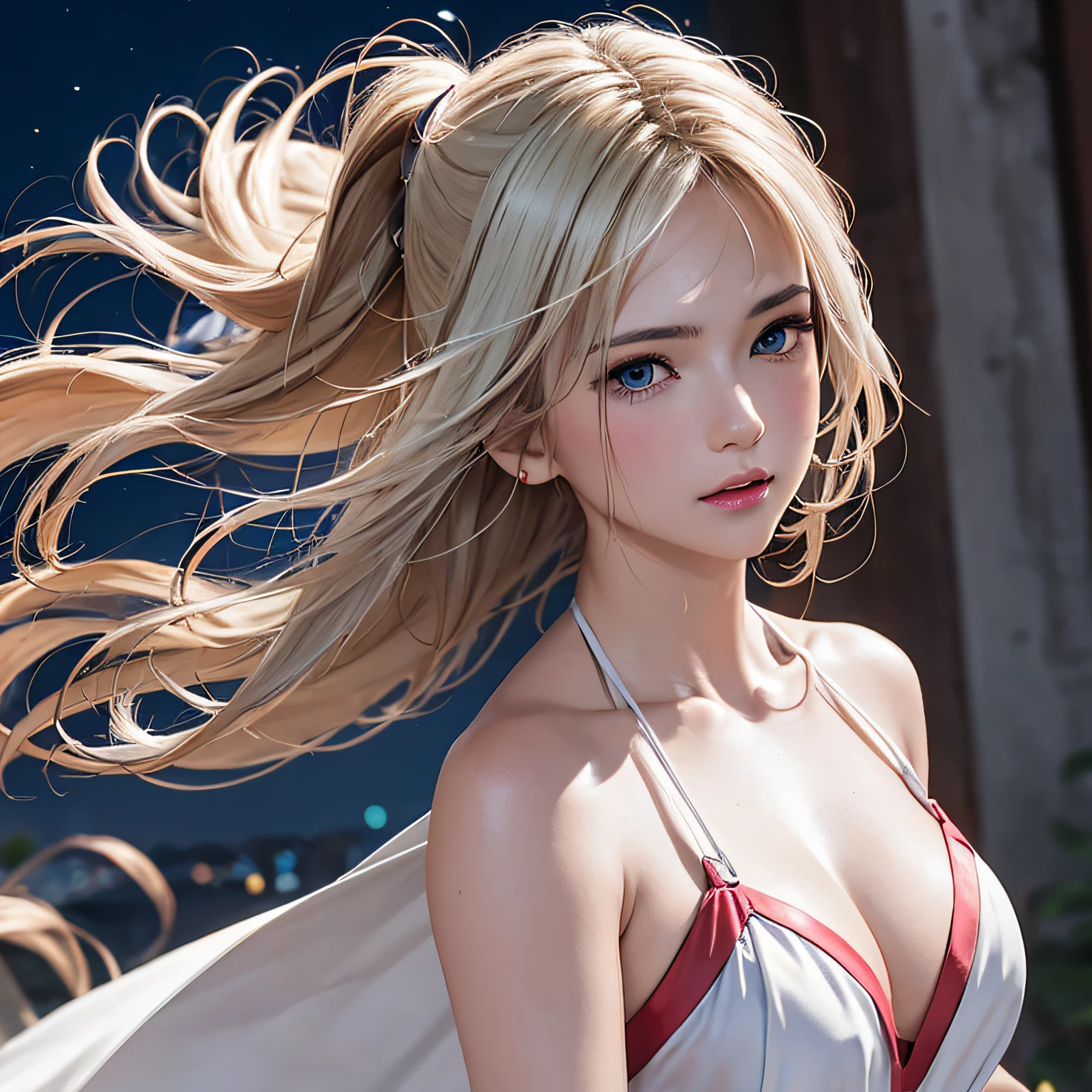 (8K, RAW Photos, of the highest quality, Masterpieces: 1.2), (Realistic, Photorealistic: 1.37), Highest Quality, Ultra High Resolution, light leaks, Dynamic lighting, Slim and smooth skin, (Full body:1.3), (Soft Saturation: 1.6), (Fair skin: 1.2), (Glossy skin: 1.1), Oiled skin, 22 years old, Night, shiny white blonde, Well-formed, Hair fluttering in the wind, Close-up shot of face only, Physically Based Rendering, From multiple angles, maikurobikini