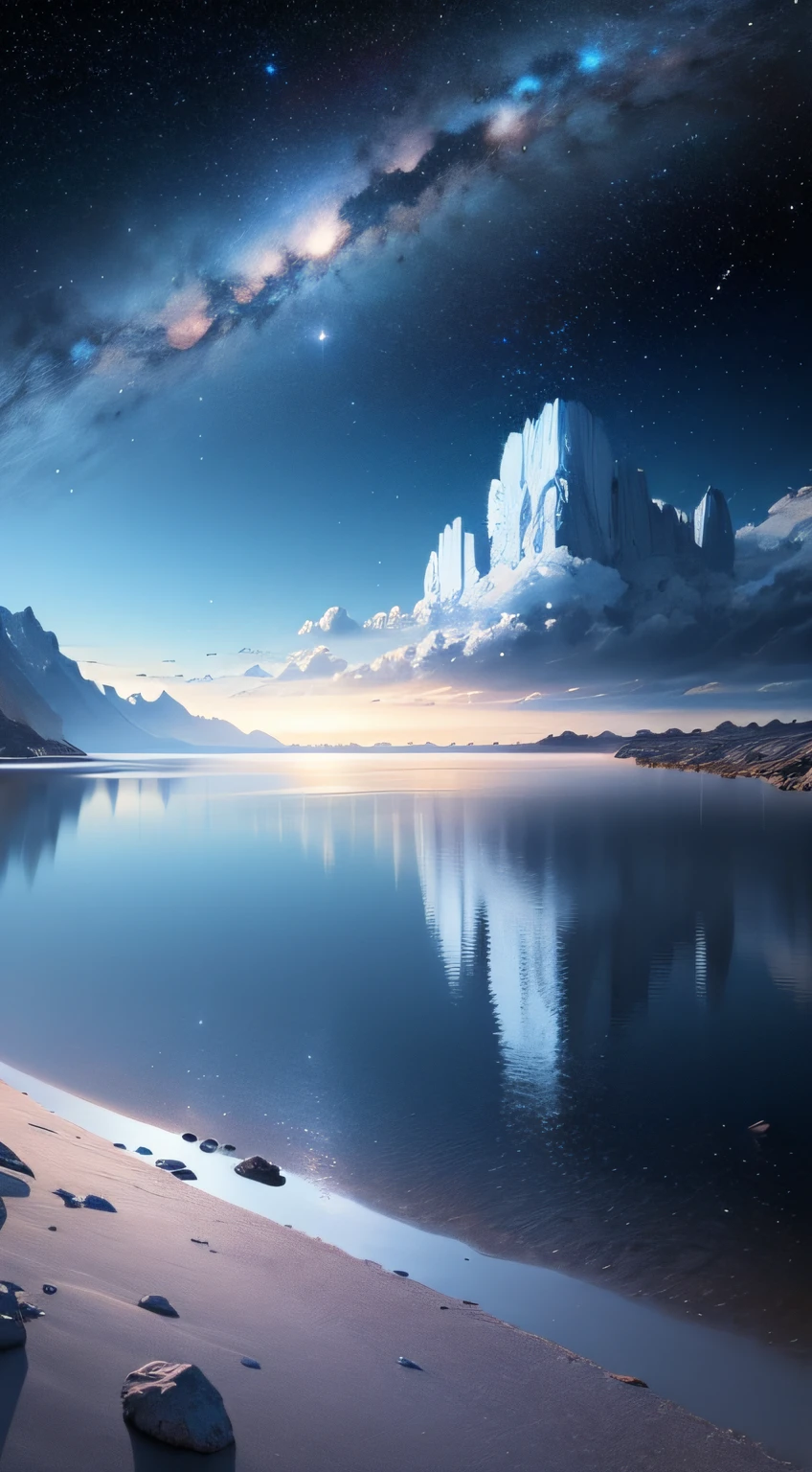 The bottomless blue sea,Starry sky with rivers and distant milky ways, galactic landscape, epic beautiful space scifi, cosmos sem fim no fundo, high detailed digital art, Space landscape