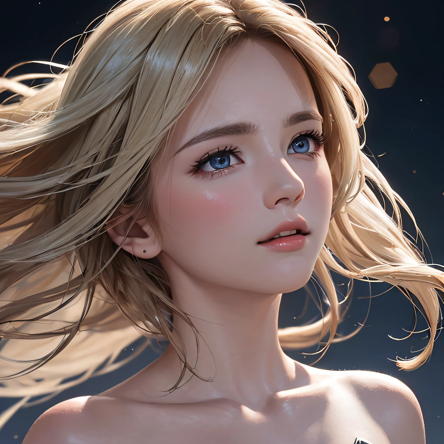 (8K, RAW Photos, of the highest quality, Masterpieces: 1.2), (Realistic, Photorealistic: 1.37), Highest Quality, Ultra High Resolution, light  leaks, Dynamic lighting, Slim and smooth skin, (Full body:1.3), (Soft Saturation: 1.6), (Fair skin: 1.2), (Glossy skin: 1.1), Oiled skin, 22 years old, Night, shiny white blonde, Well-formed, Hair fluttering in the wind, Close-up shot of face only, Physically Based Rendering, From multiple angles, maikurobikini