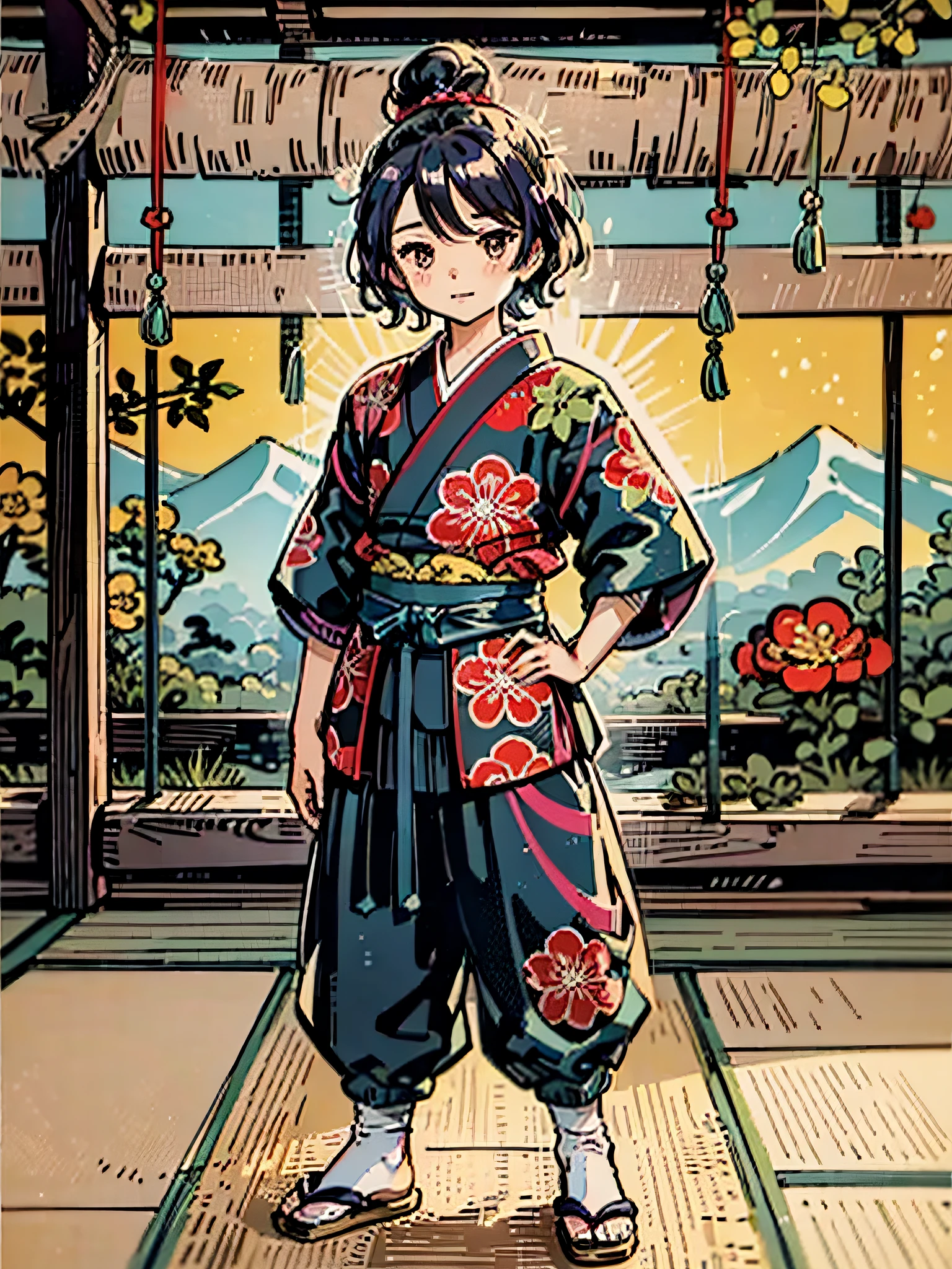 Propose a very attractive design、1boys、10-year-old boy、Standing Pose、Vibrant poses、Depicted to the feet、Katsushika Hokusai-kaze、Natural color design、Bold and beautiful floral design、Autumn image、japanic style、Detailed diagram of the pattern、With the highest quality、masterpiece、hight resolution、ukiyoe style、Artistic style、Postcard Design、Balanced design、Composition that fits well、Emotional Art、Ukiyo-e style、japanese aesthetic、4K resolution、Gorgeous background art、Attributes of boys(active、Comfortable clothing、male people、Lively、Ninja、Martial artist、、Cheerful boy、Bullish personality、Dignified、Beautiful Boys、A dark-haired、short-hair、Good impression)