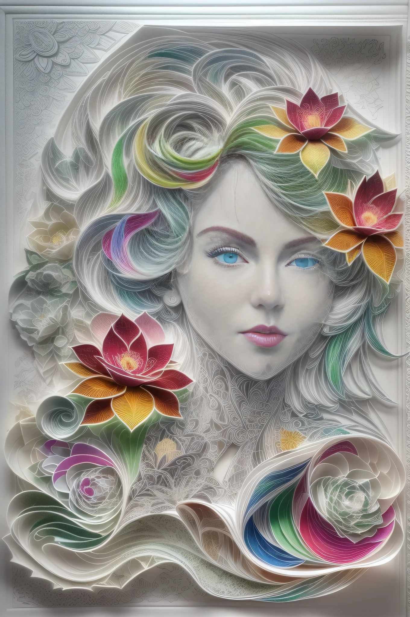 （Hologram projection effect：1.5），（Silhouette of a beautiful woman,Colorful camellias)，White background，(paper art, Quilted paper art:1.2, geomerty:1.1, zentangle,a 3D render), (Extremely colorful, Best quality, high detal, Masterpiece, Cinematic lighting, 4K)