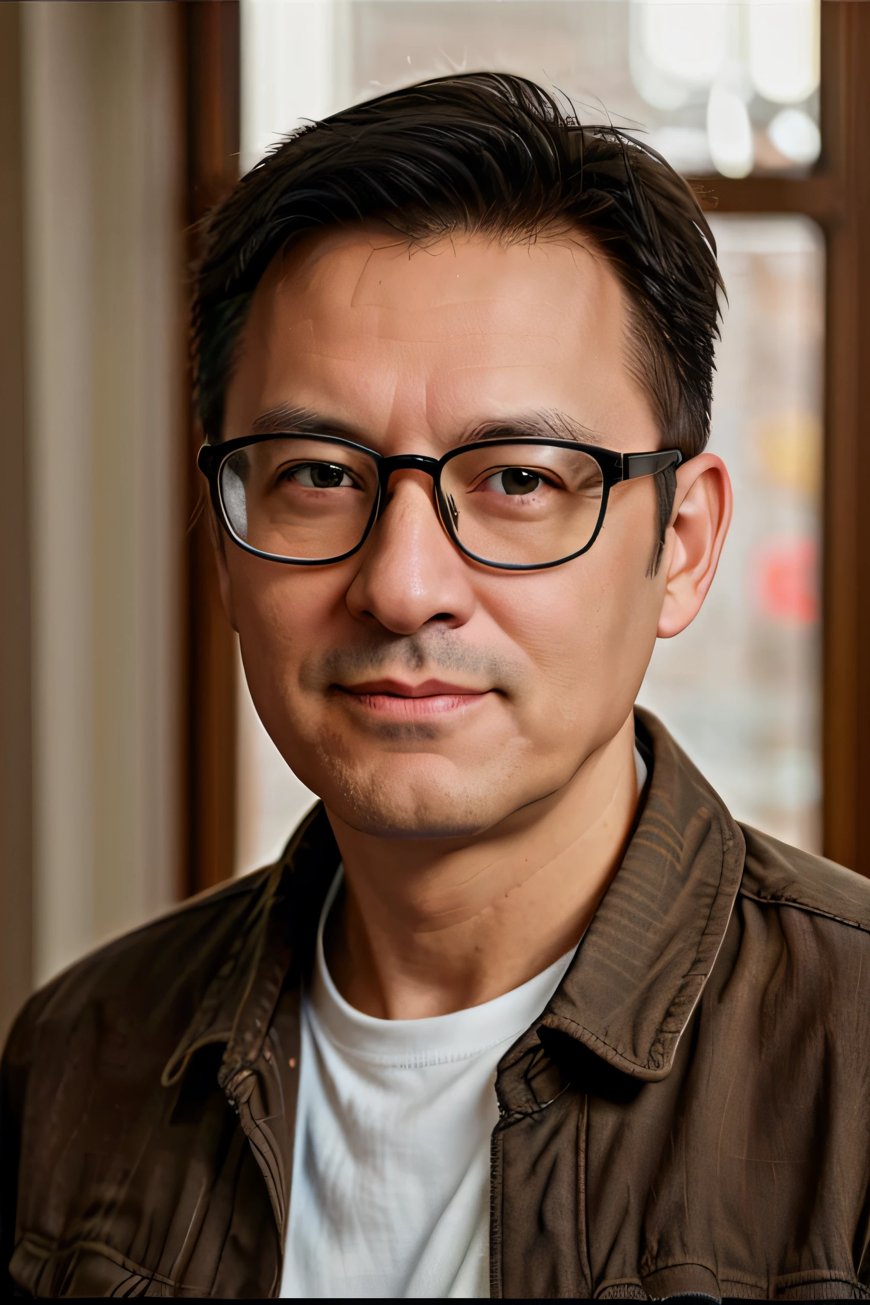 1man,A 50-year-old man,dressed in casual attire,wears glasses,Slightly fat,Upper body,gentlesoftlighting,tmasterpiece,best qualtiy,8K UHD,digital SLR camera,filmgrain,Midjourney and greg rutkowski's Fujifilm XT3 realistic painting art