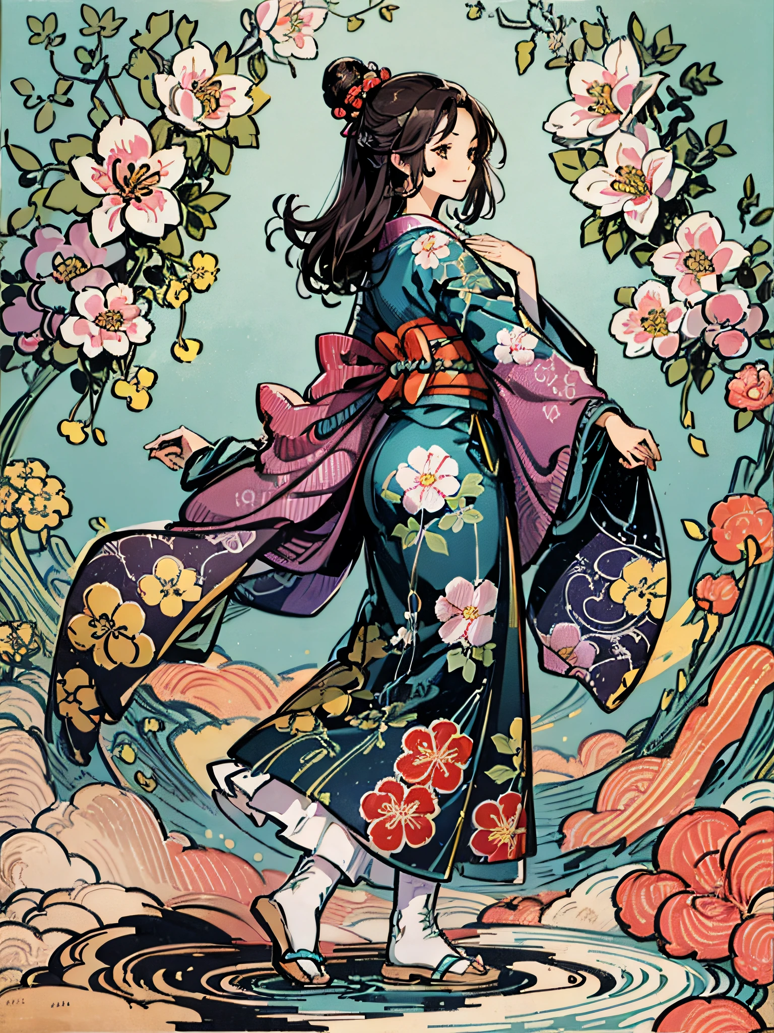 Propose a very attractive design、女の子1人、Standing Pose、Vibrant poses、Depicted to the feet、Katsushika Hokusai-kaze、Natural color design、Bold and beautiful floral design、Spring image、japanic style、Detailed diagram of the pattern、With the highest quality、masterpiece、hight resolution、ukiyoe style、Artistic style、Postcard Design、Balanced design、Composition that fits well、Emotional Art、Ukiyo-e style、japanese aesthetic、4K resolution、Gorgeous background art、Attributes of girls(profile、Seen from the side、Elegant smile、top grade、Honor Students、A dark-haired、Lustrous hair、Long、slender、Healthy、Good impression)