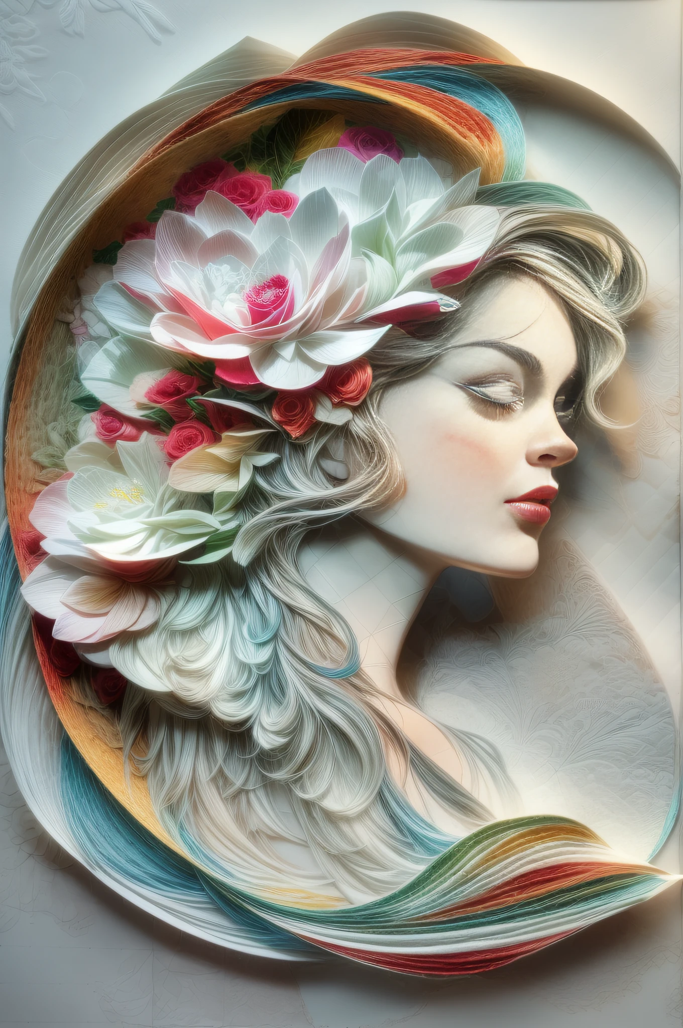 (Hologram projection effect:1.5),(Silhouette of a beautiful woman,Colorful camellia),White background,(paper art, Quilted paper art:1.2, geomerty:1.1,Winding art style
,a 3D render), (Extremely colorful, Best quality, high detal, Masterpiece, Cinematic lighting, 4K)