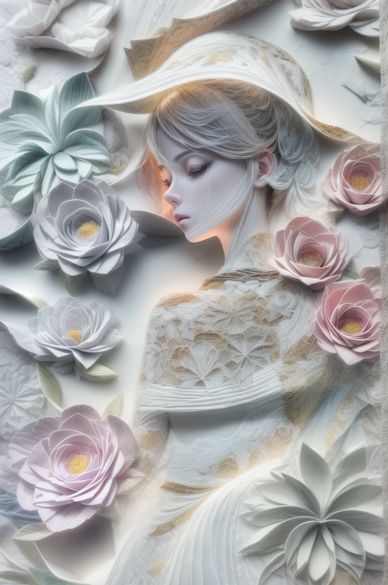 （Hologram projection effect：1.5），（Silhouette of a beautiful woman,Colorful camellias)，White background，(paper art, Quilted paper art:1.2, geomerty:1.1,Meandering art style
,a 3D render), (Extremely colorful, Best quality, high detal, Masterpiece, Cinematic lighting, 4K)