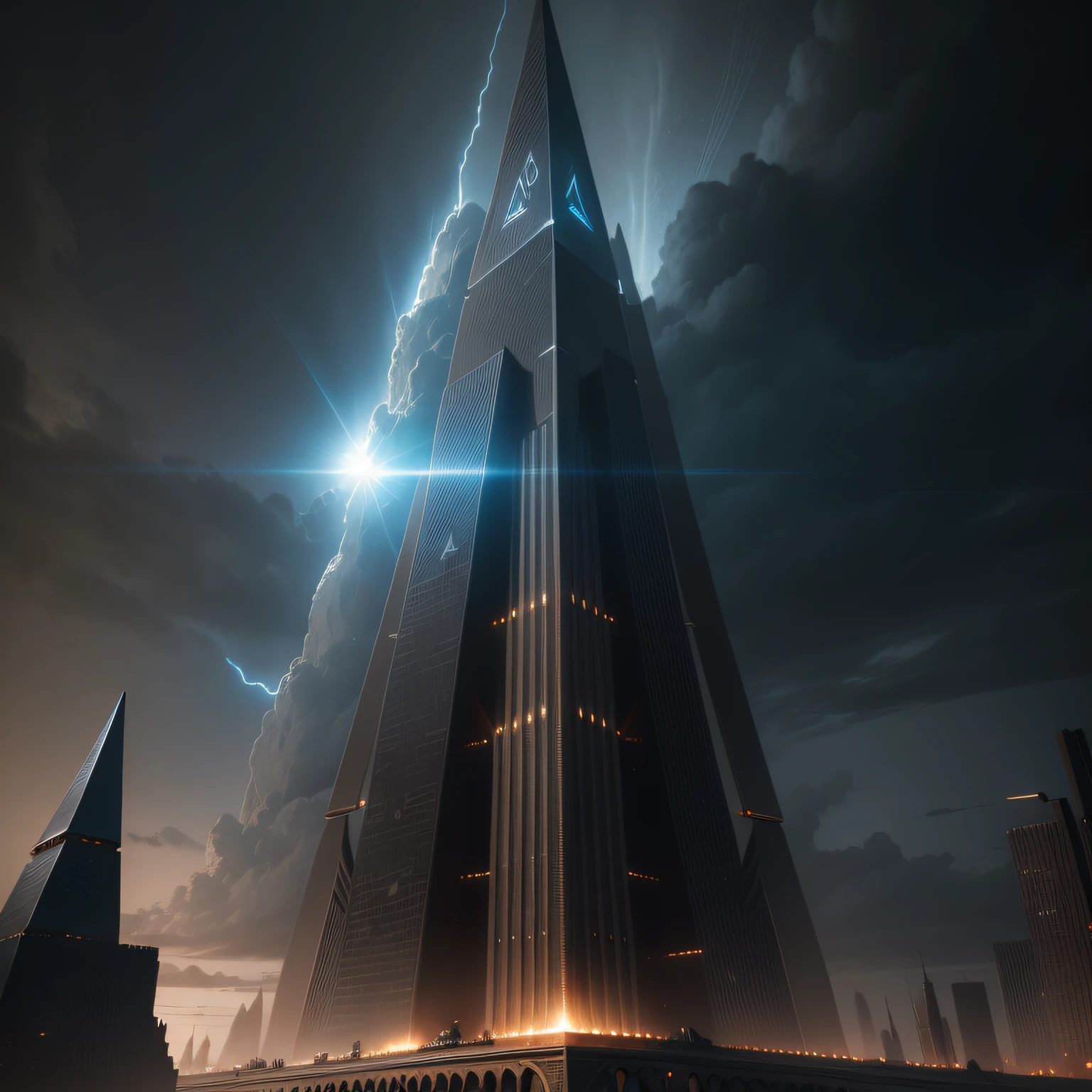 scifi style,Realistic CG rendering of a magical pyramid-shaped tower in dark black tones towers over a single building in the metaverse,Look up,highr