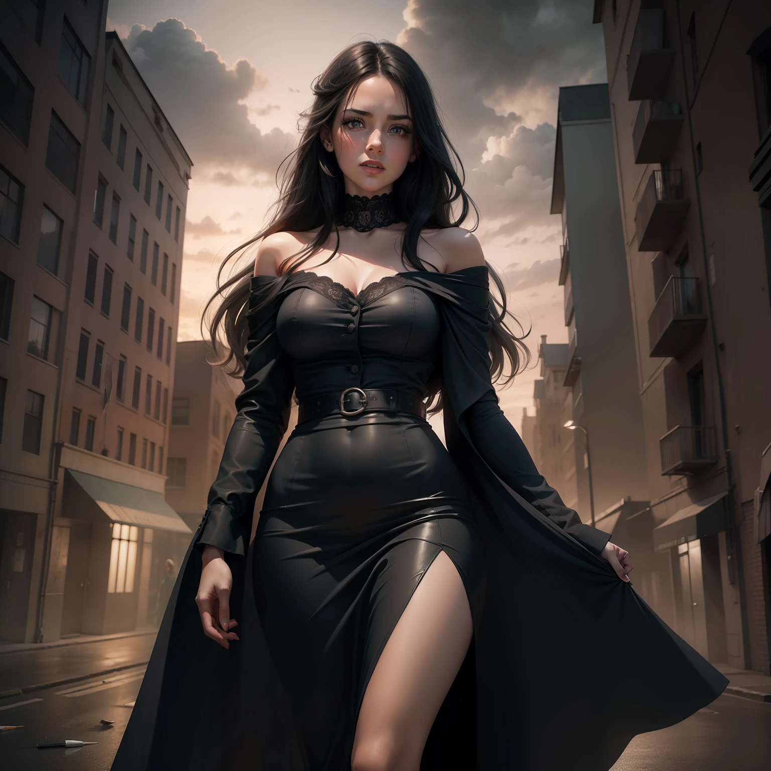 Photo realistic girl late thirties, throws pencil, full length, full color, dark skies, dark palette, macabre illustration