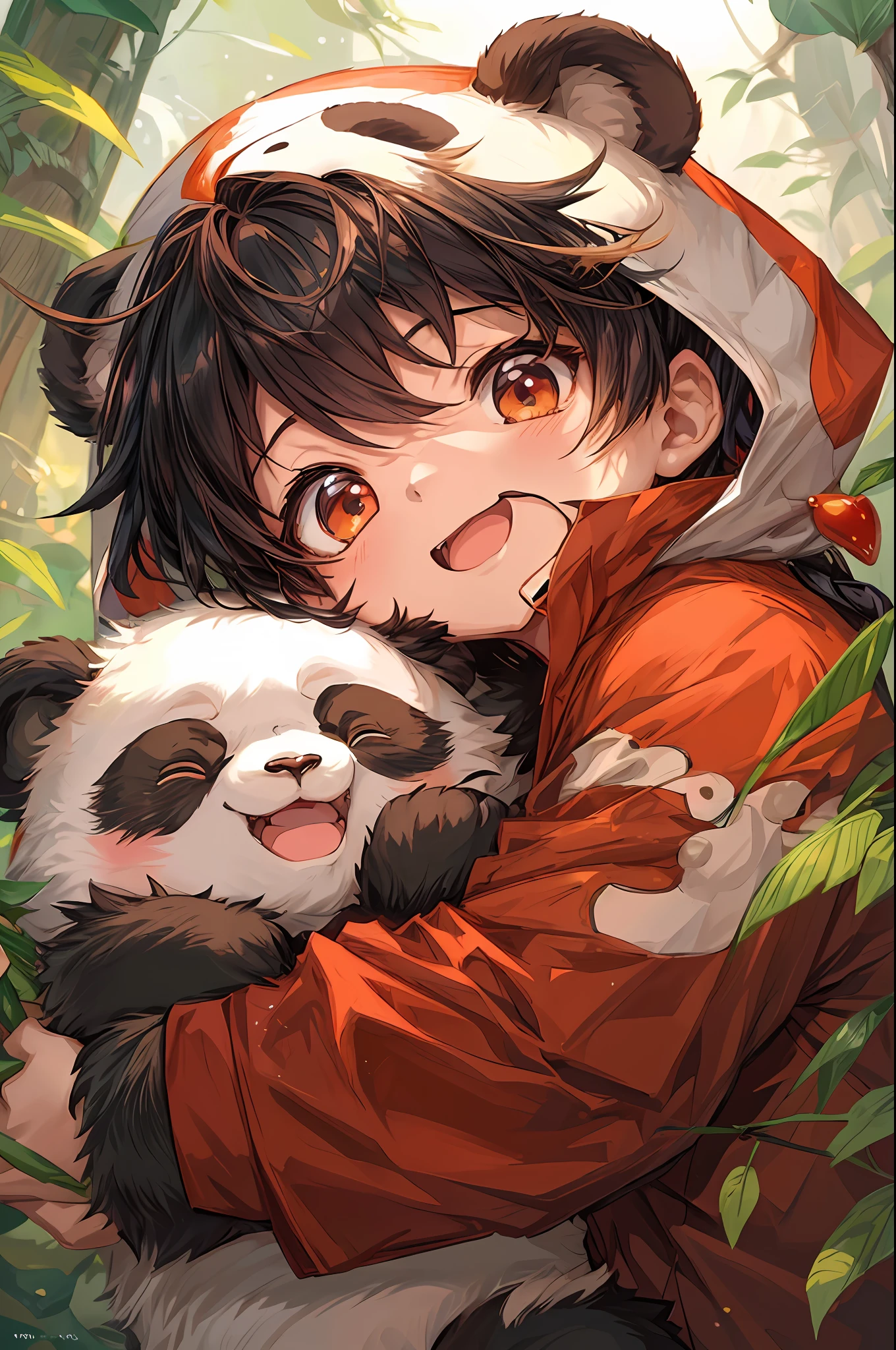 anime boy hugging a panda bear in the jungle, kawacy, anime cover, high quality fanart, artwork in the style of guweiz, guweiz, cute anime, 4 k manga wallpaper, top rated on pixiv, ross tran and bayard wu, cute panda, high quality anime artstyle, anime boy, by Yang J, by Ye Xin